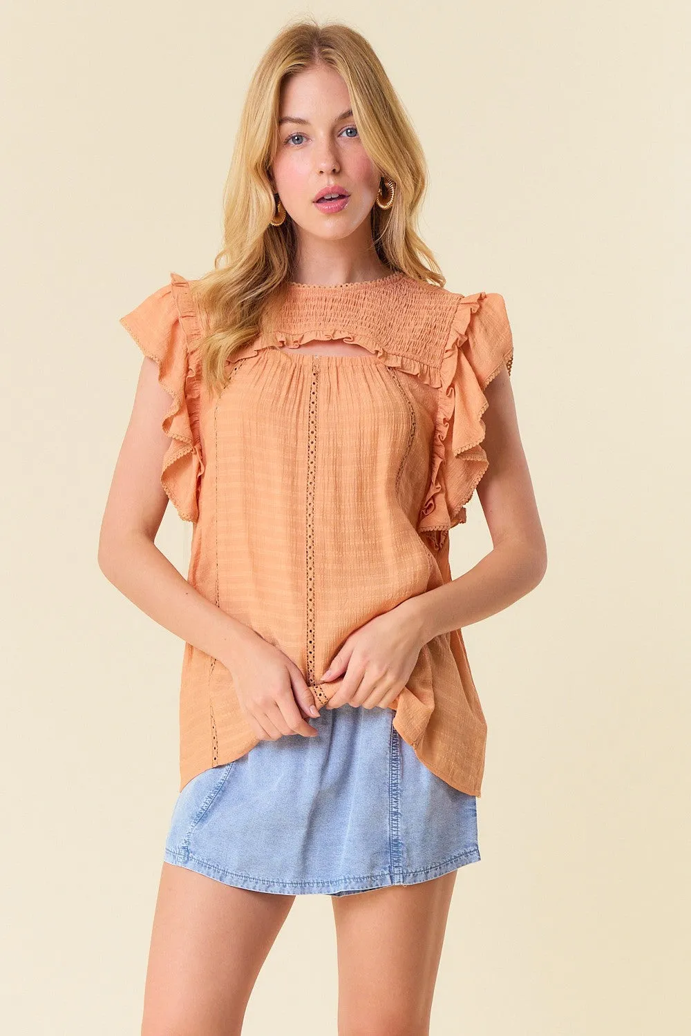 Tangerine Smocked Yoke Ruffle Woven Blouse With Lace Trim sold by Pinkblush