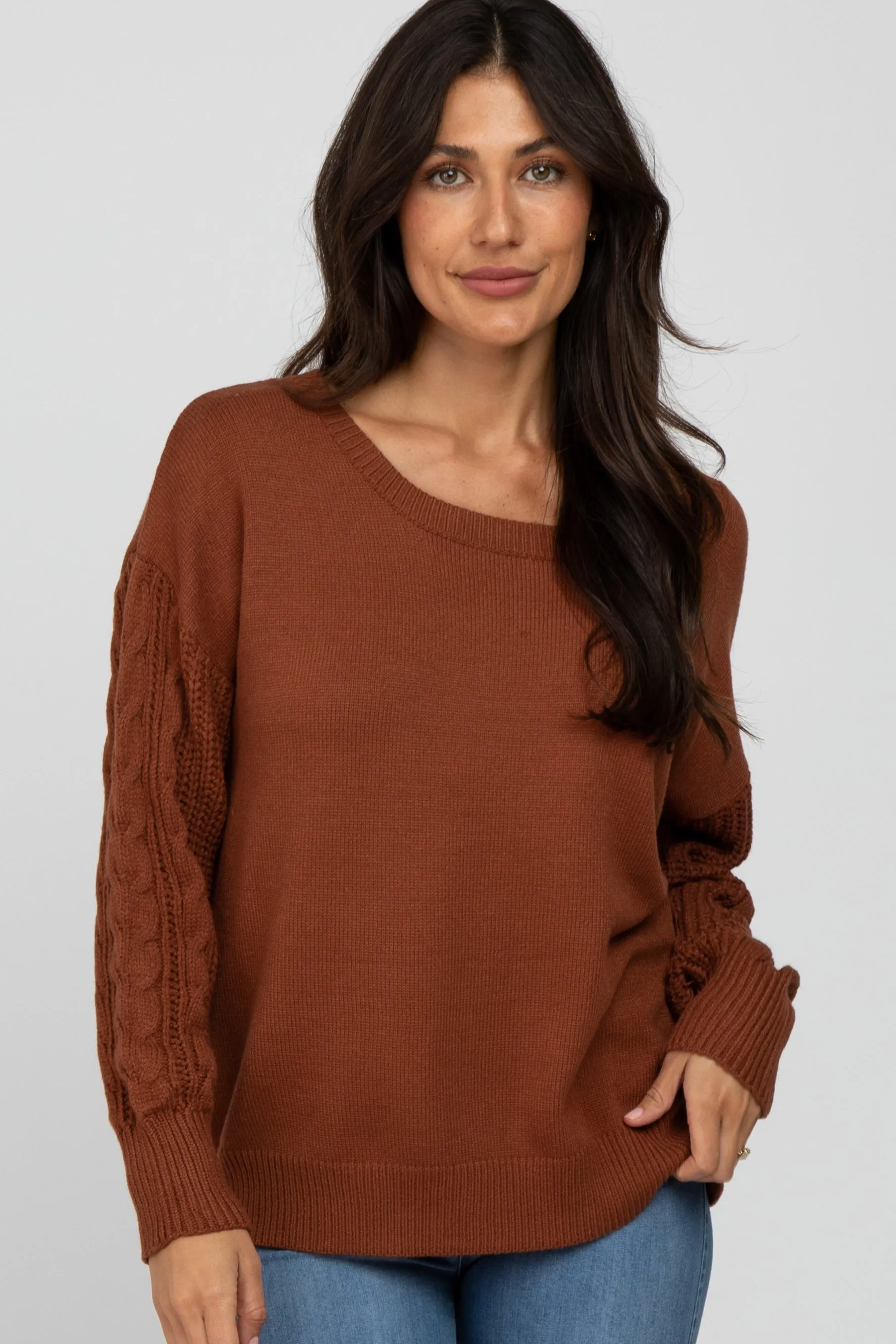 Camel Knit Braided Sleeve Sweater sold by Pinkblush