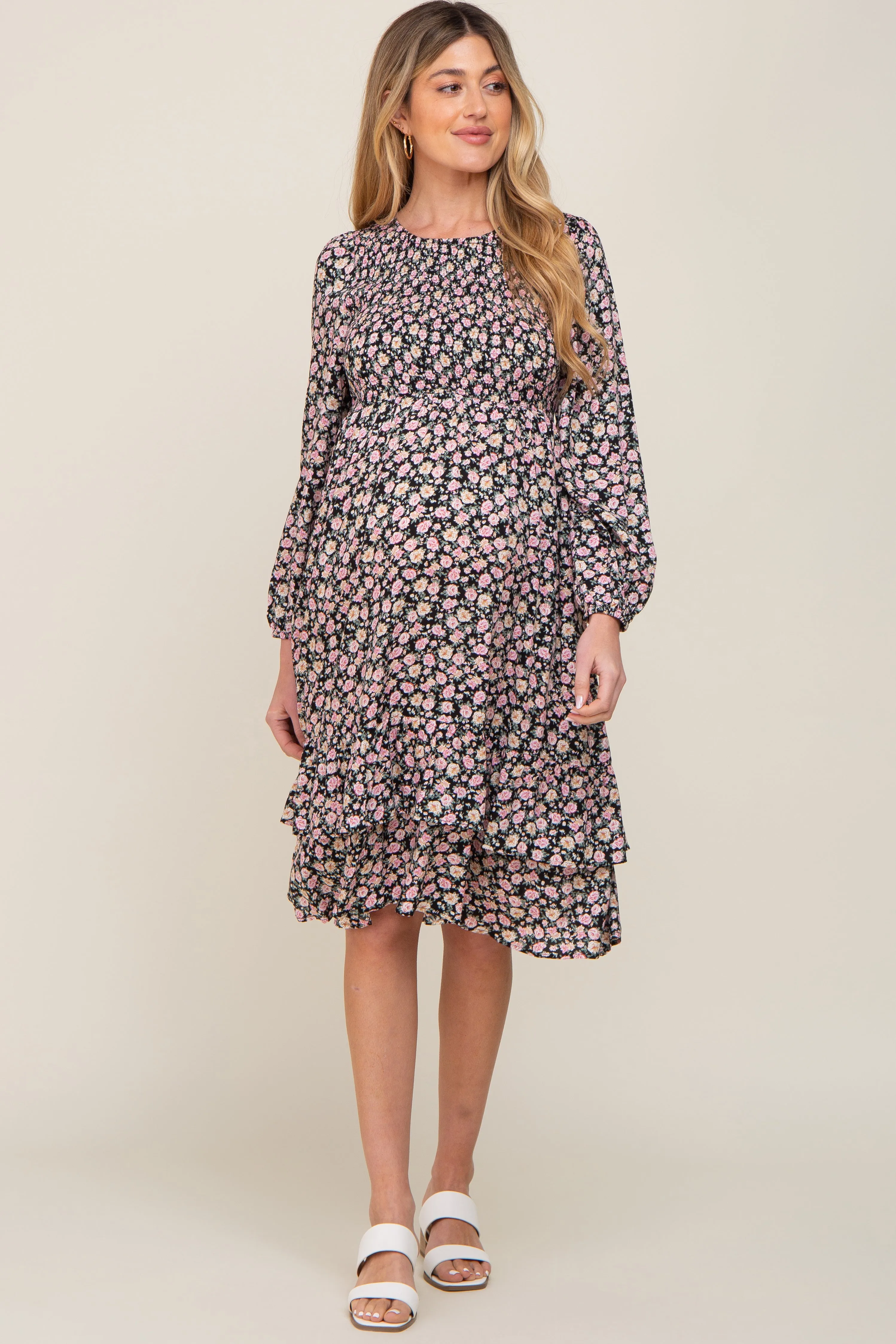 Black Floral Smocked 3/4 Sleeve Tiered Maternity Midi Dress sold by Pinkblush product image thumbnail 5