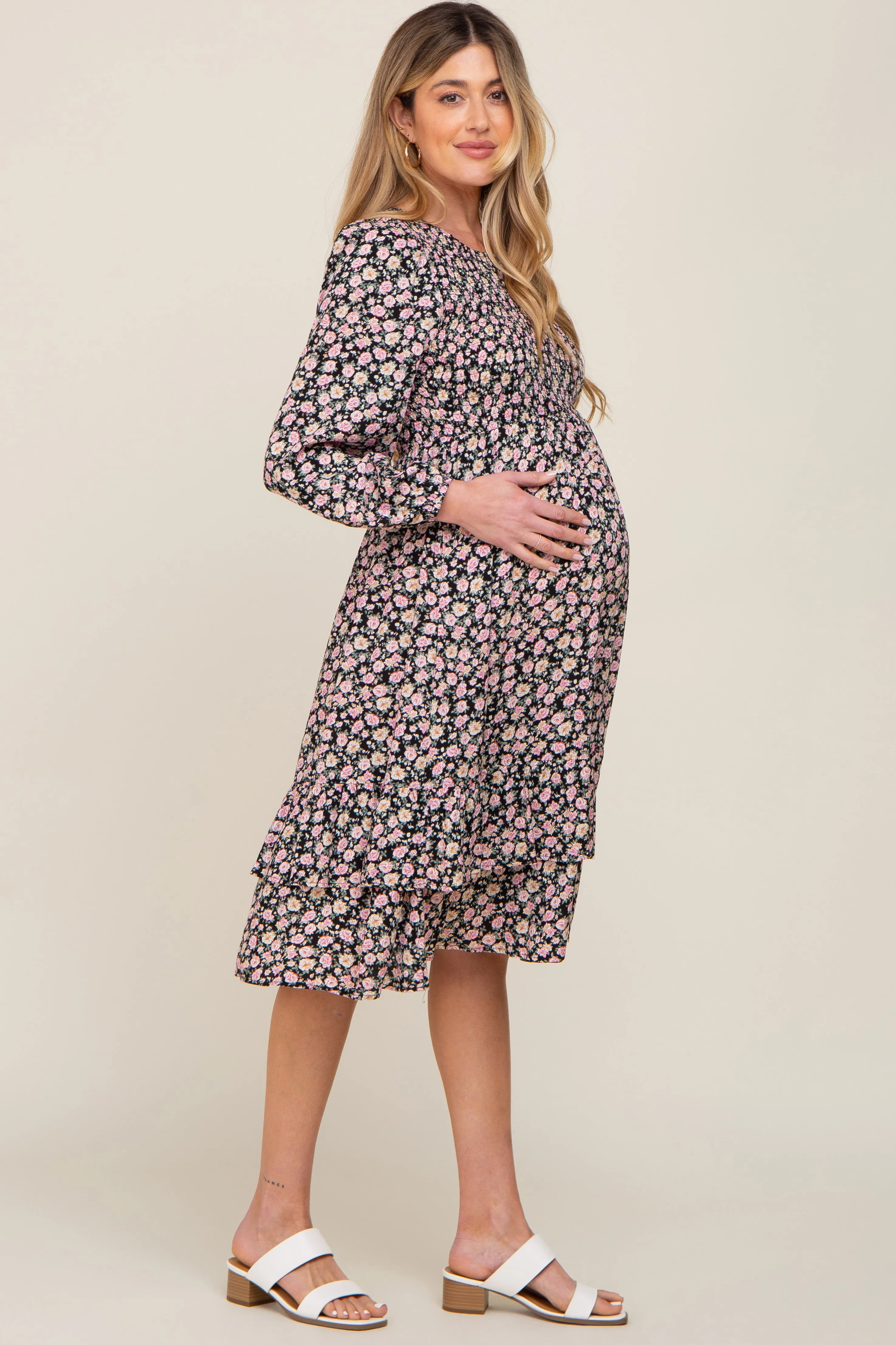 Black Floral Smocked 3/4 Sleeve Tiered Maternity Midi Dress sold by Pinkblush product image thumbnail 2