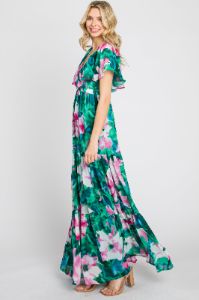 Dark Teal Floral Chiffon Deep V Flutter Sleeve Maxi Dress sold by Pinkblush