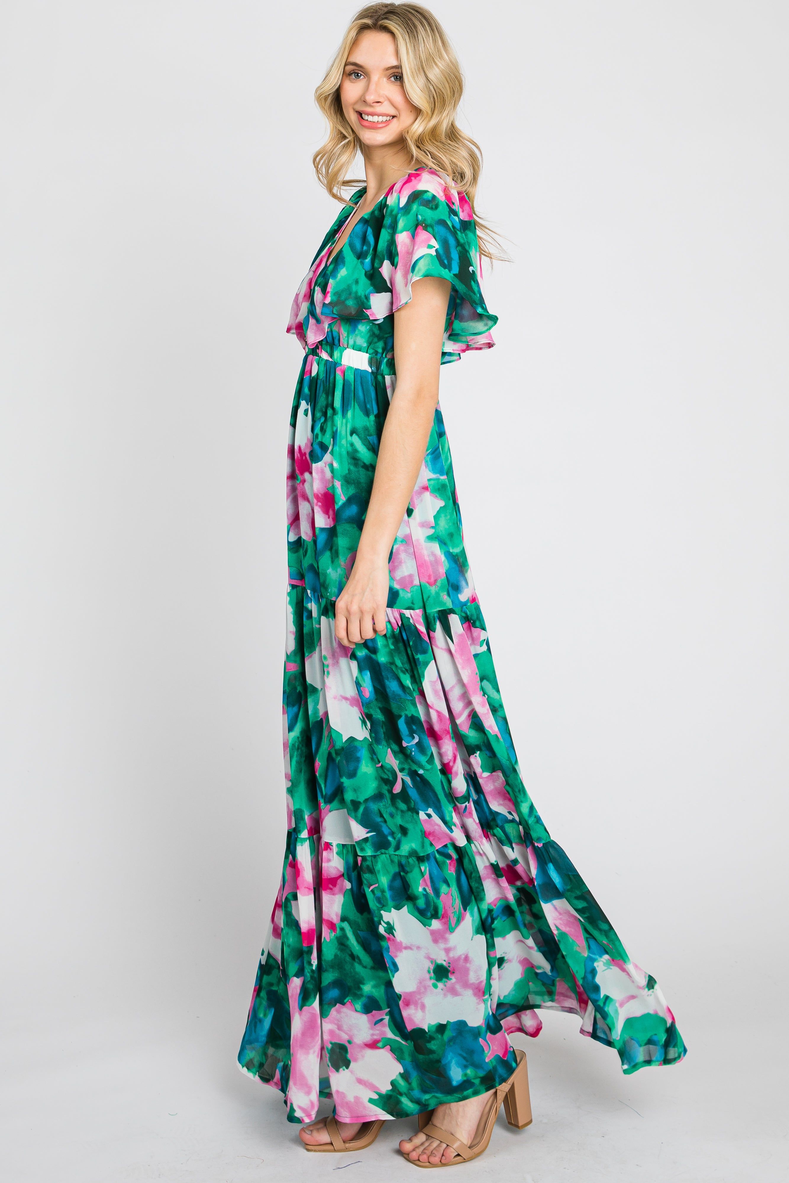 Dark Teal Floral Chiffon Deep V Flutter Sleeve Maxi Dress sold by Pinkblush product image thumbnail 2