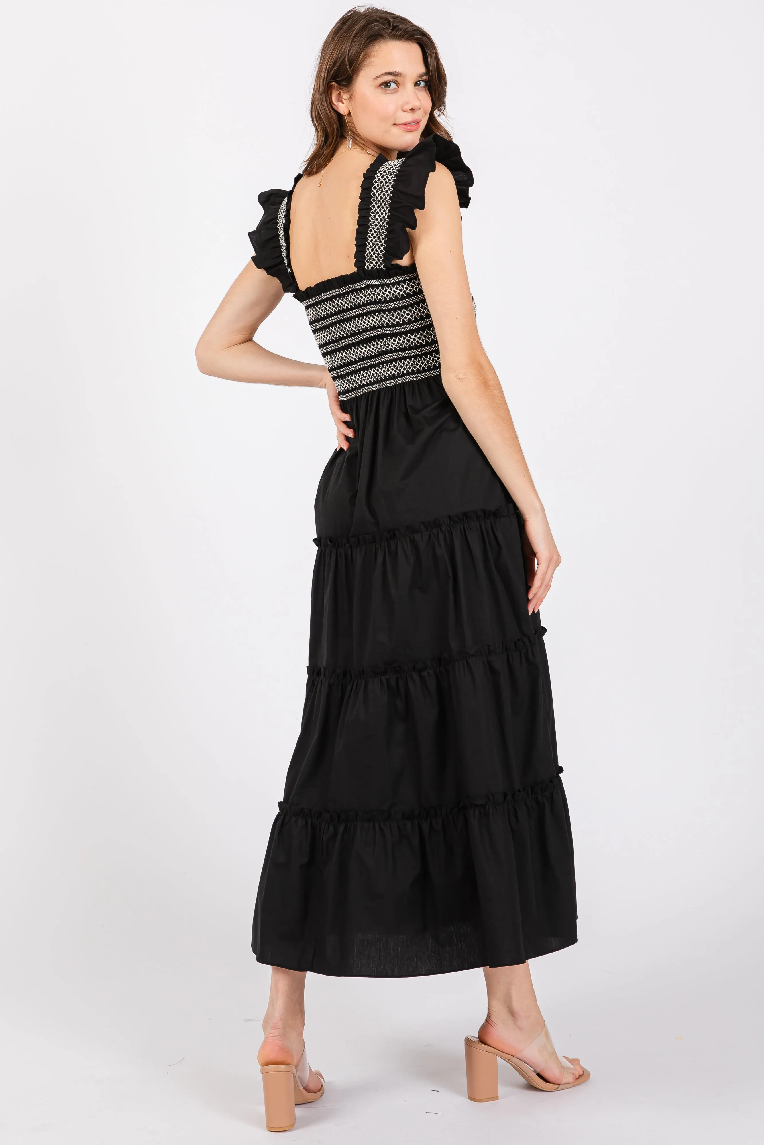 Black Embroidered Smocked Midi Dress sold by Pinkblush product image thumbnail 3