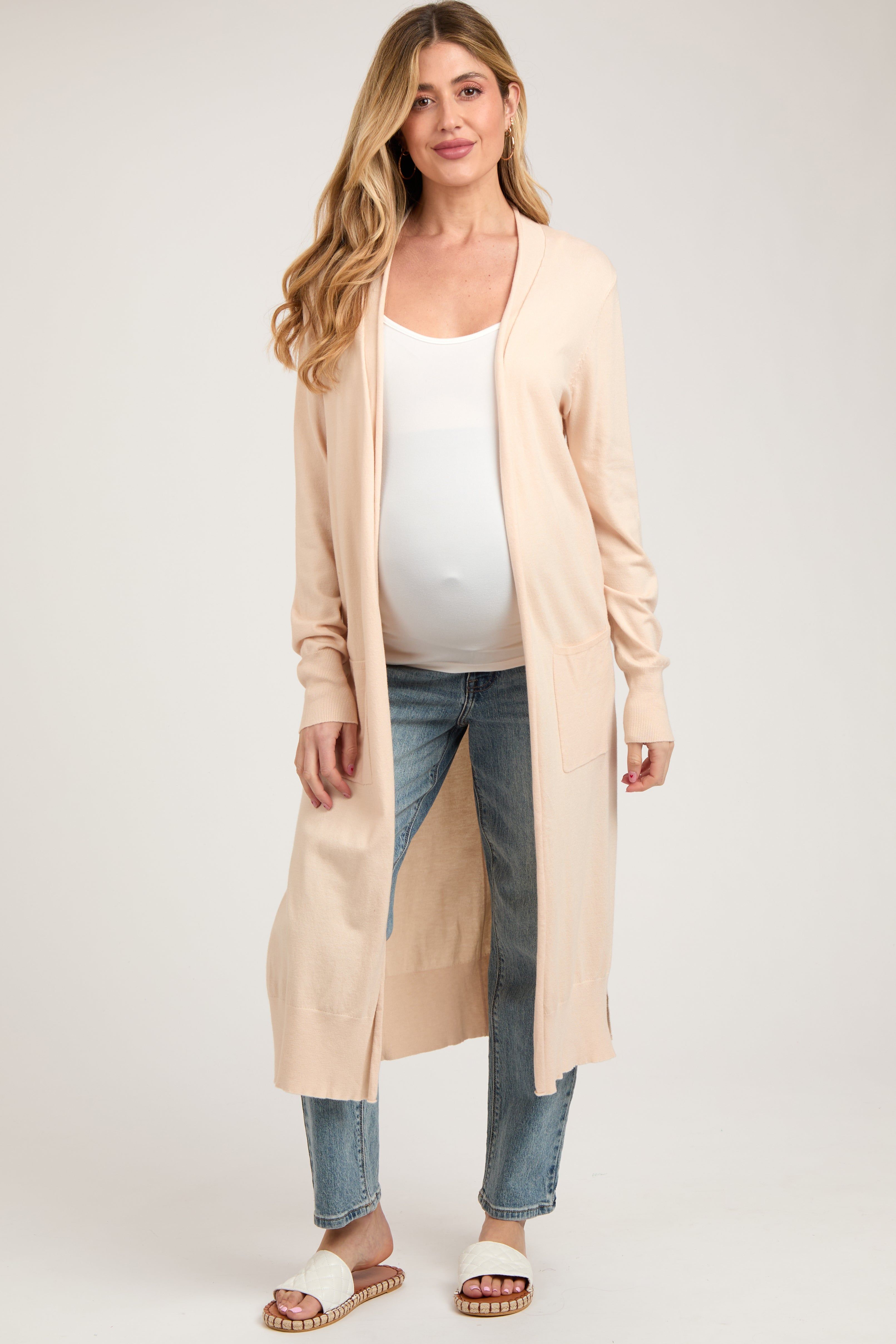 Cream Long Maternity Cardigan sold by Pinkblush