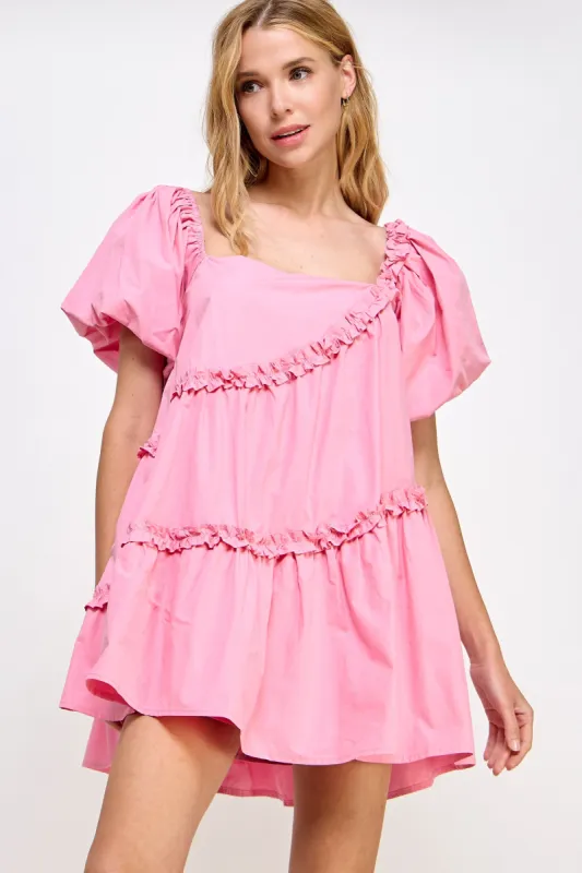 Pink Asymmetric Ruffle Poplin Mini Dress sold by Pinkblush