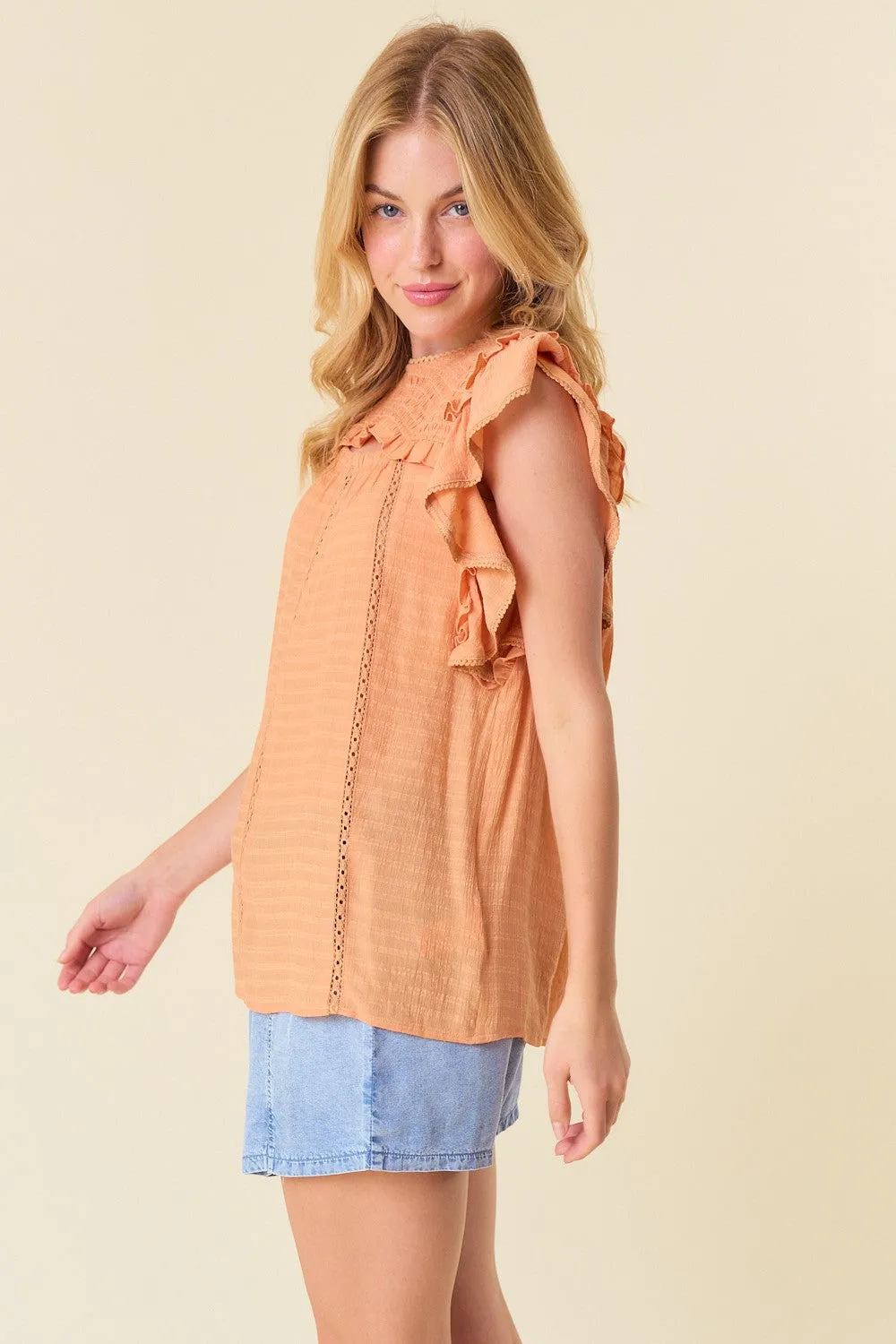 Tangerine Smocked Yoke Ruffle Woven Blouse With Lace Trim sold by Pinkblush product image thumbnail 2
