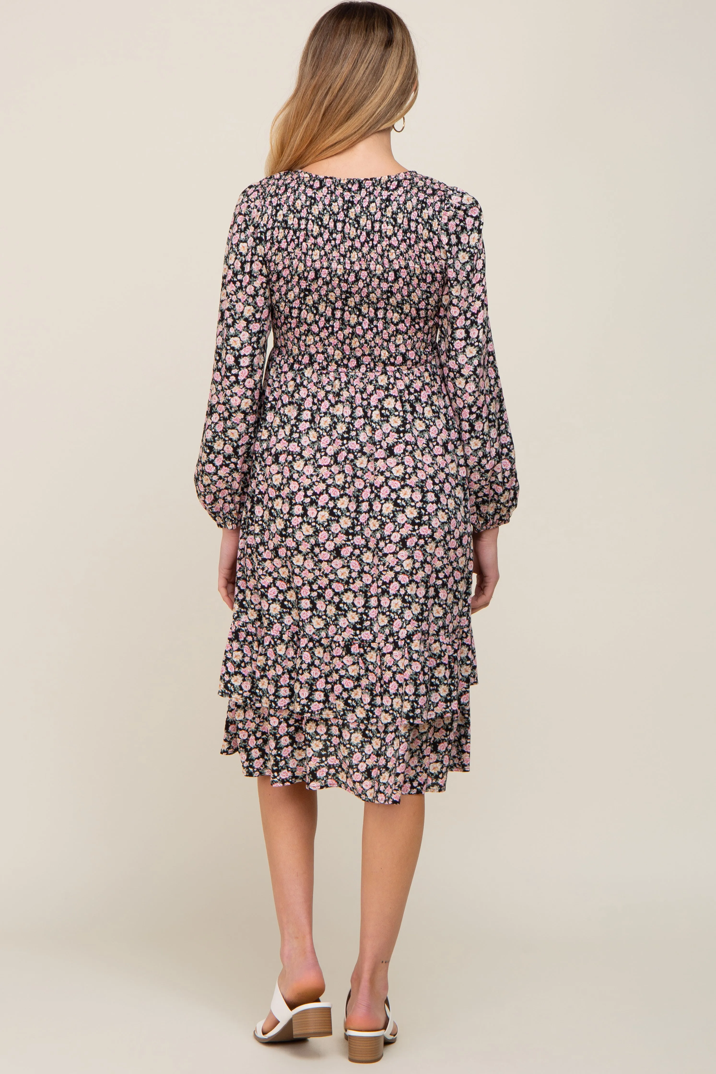 Black Floral Smocked 3/4 Sleeve Tiered Maternity Midi Dress sold by Pinkblush product image thumbnail 3