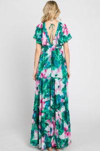 Dark Teal Floral Chiffon Deep V Flutter Sleeve Maxi Dress sold by Pinkblush