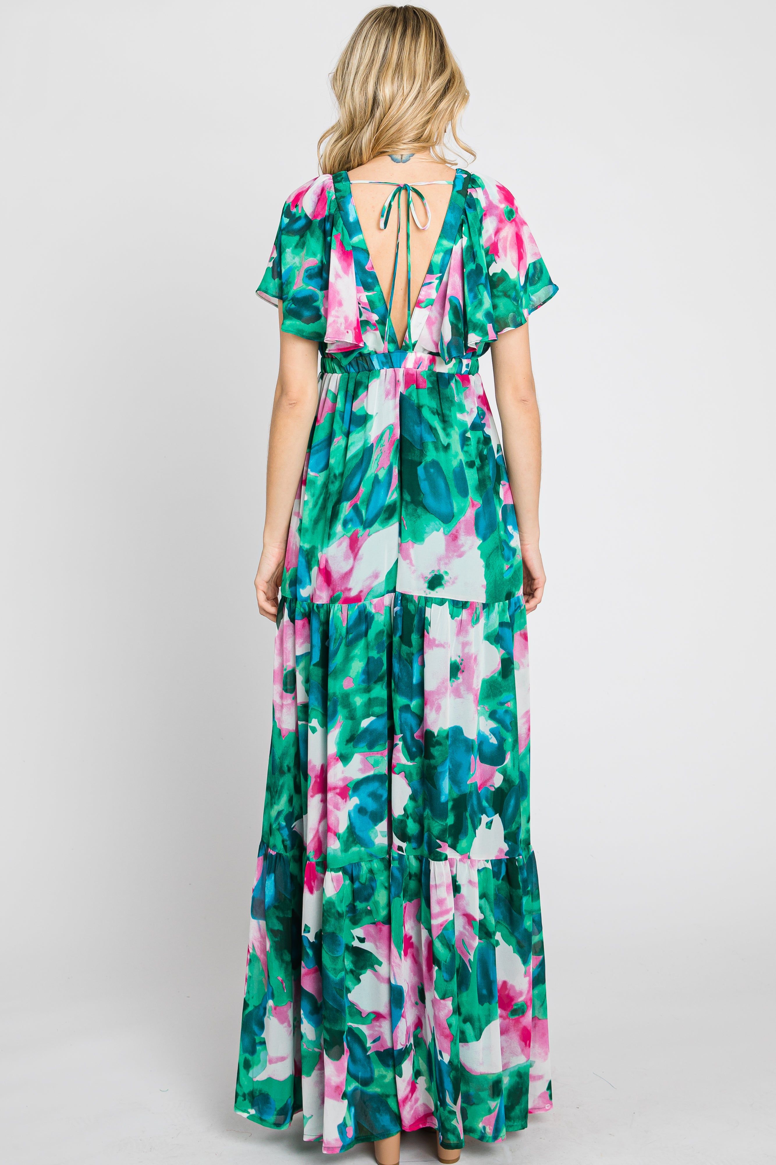Dark Teal Floral Chiffon Deep V Flutter Sleeve Maxi Dress sold by Pinkblush product image thumbnail 3