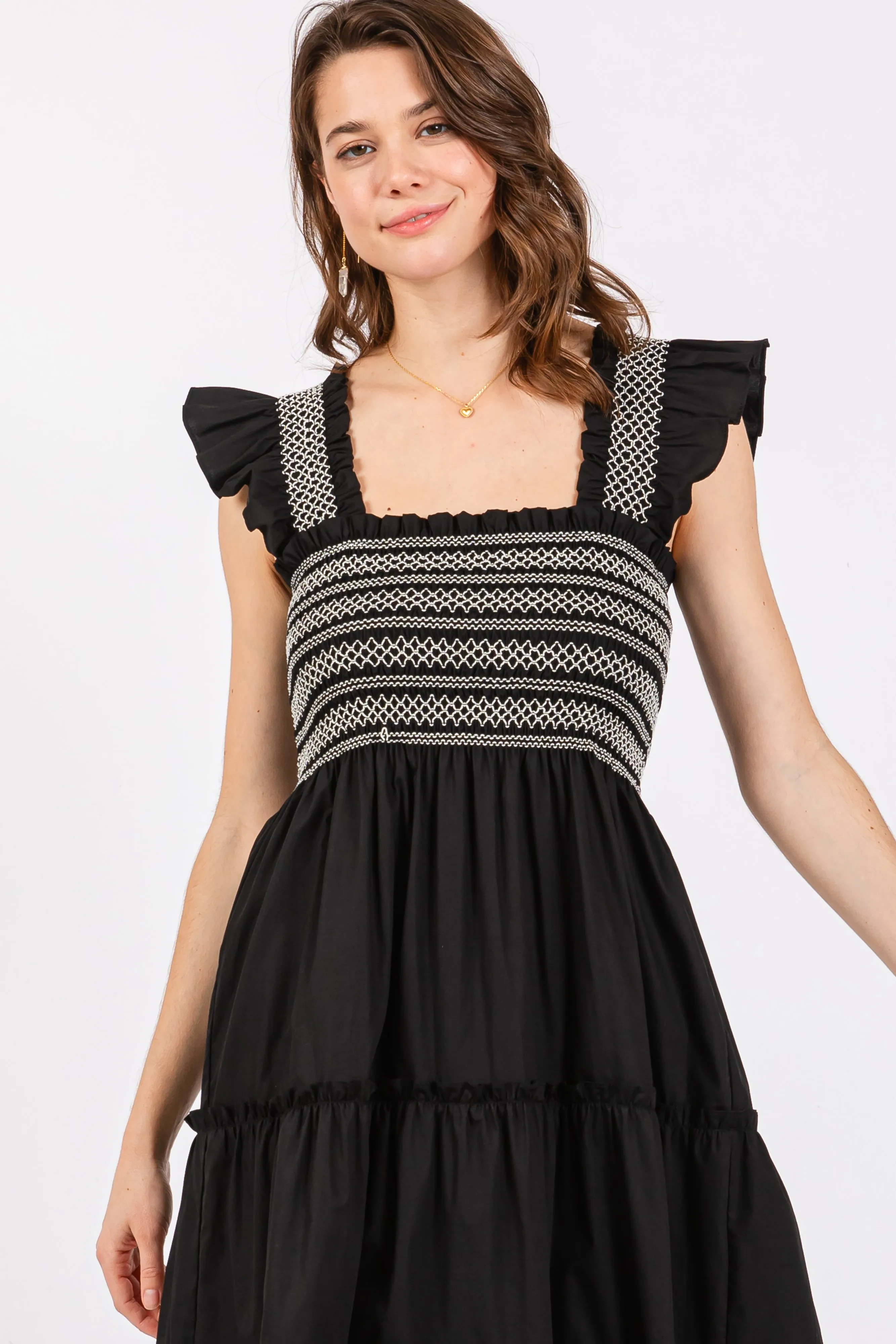 Black Embroidered Smocked Midi Dress sold by Pinkblush product image thumbnail 4