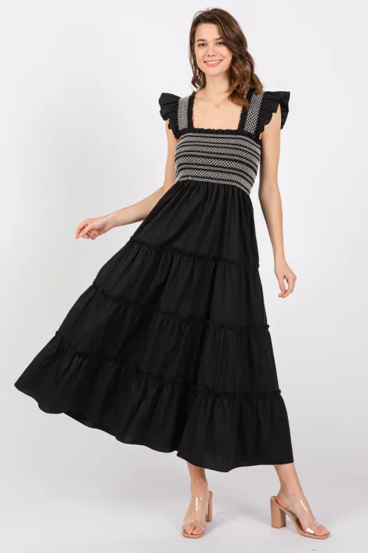 Black Embroidered Smocked Midi Dress sold by Pinkblush