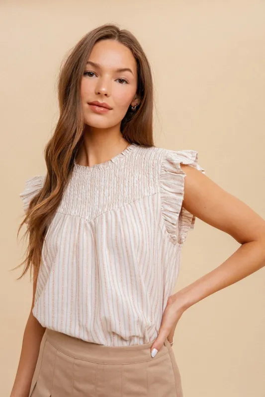Taupe Multi Stripe Ruffle Smocking Sleeveless Blouse sold by Pinkblush