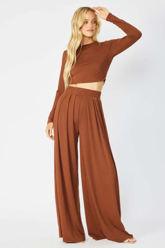 Mocha Pleated Wide Leg Pants With Cropped Baby Tee Set sold by Pinkblush