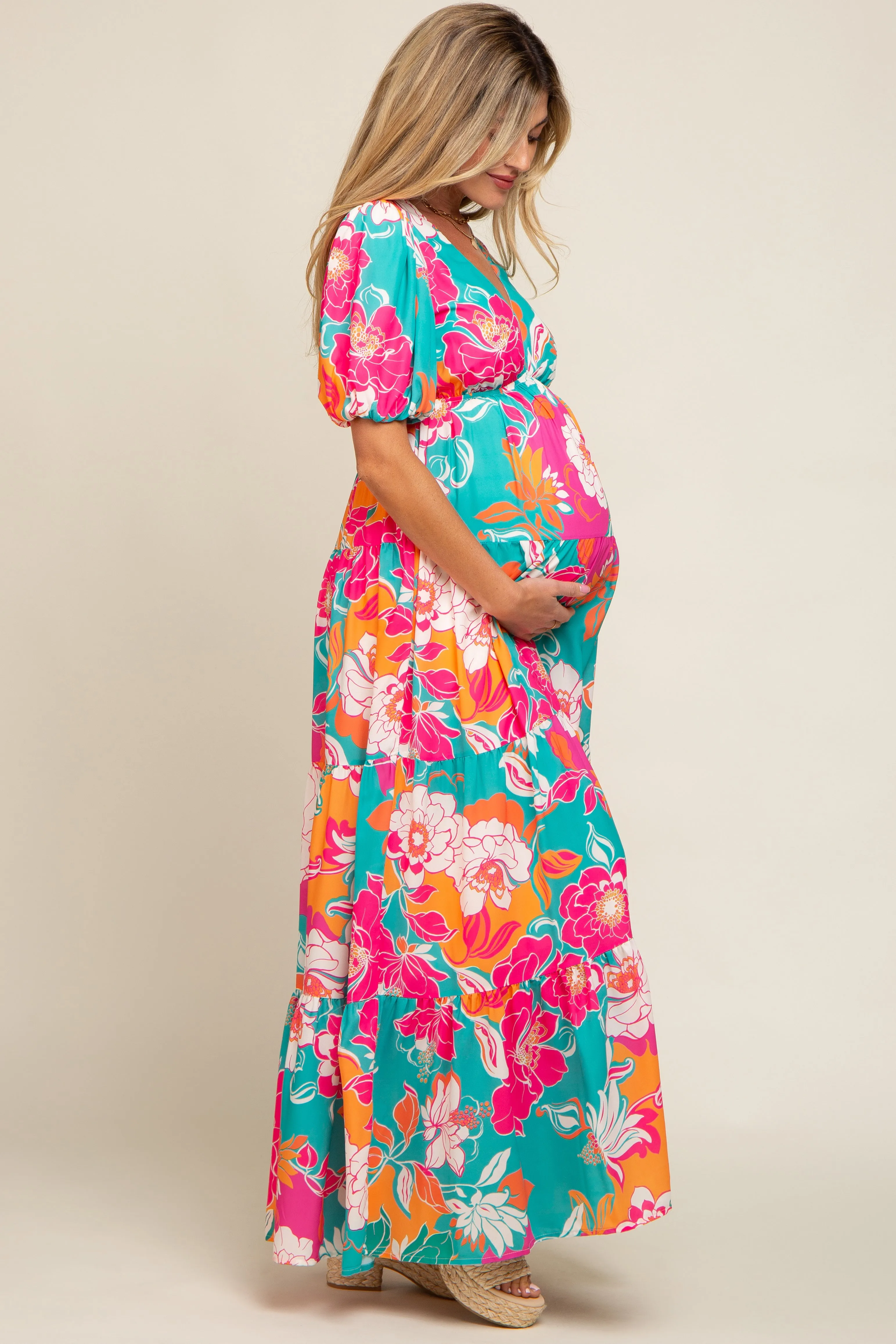 Teal Floral Puff Sleeve Tiered Maternity Maxi Dress sold by Pinkblush product image thumbnail 2