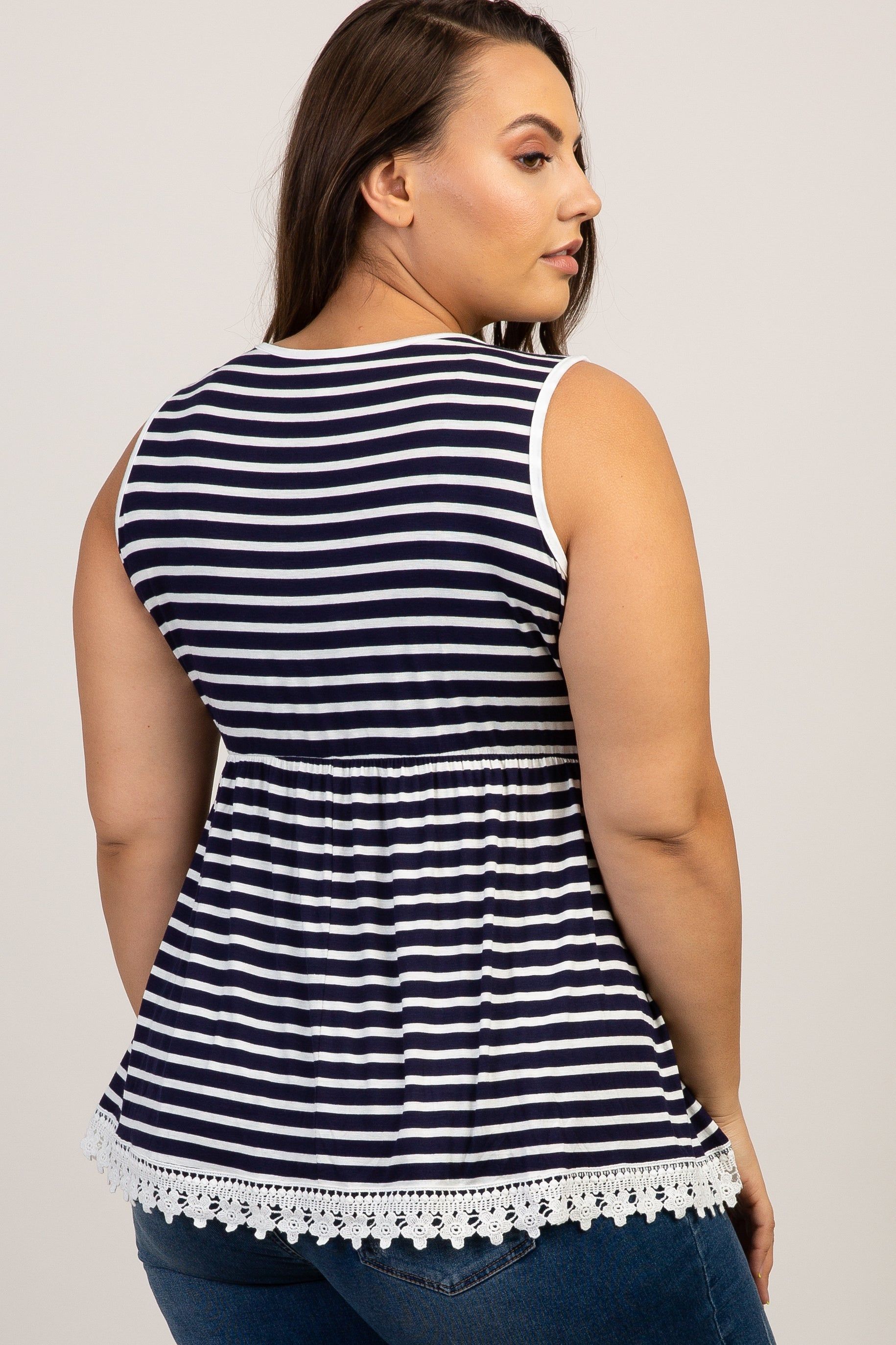 Navy Blue Striped Crochet Trim Plus Tank Top sold by Pinkblush product image thumbnail 3