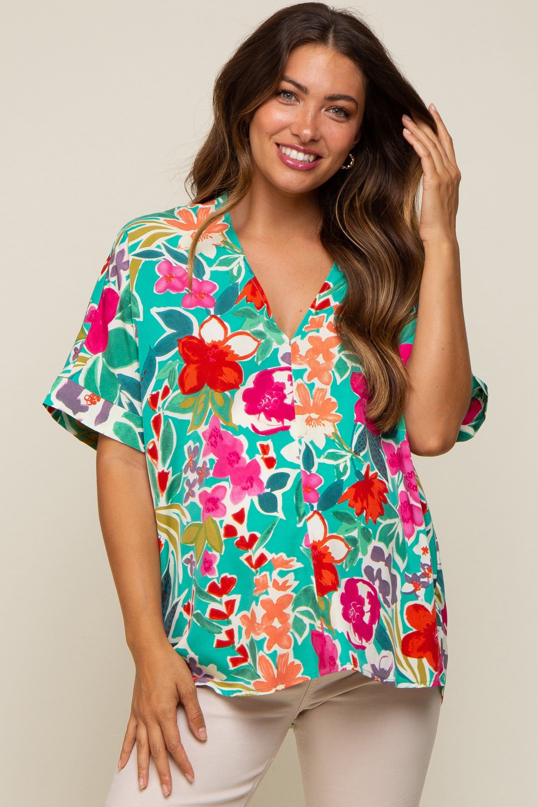 Emerald Green Floral V-Neck Maternity Blouse sold by Pinkblush
