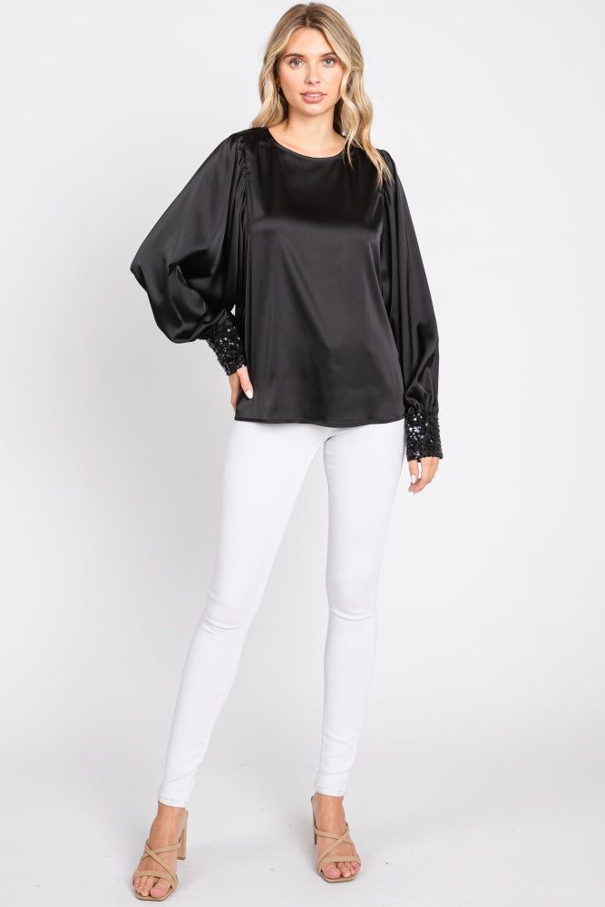 Black Satin Sequin Cuff Blouse sold by Pinkblush product image thumbnail 4