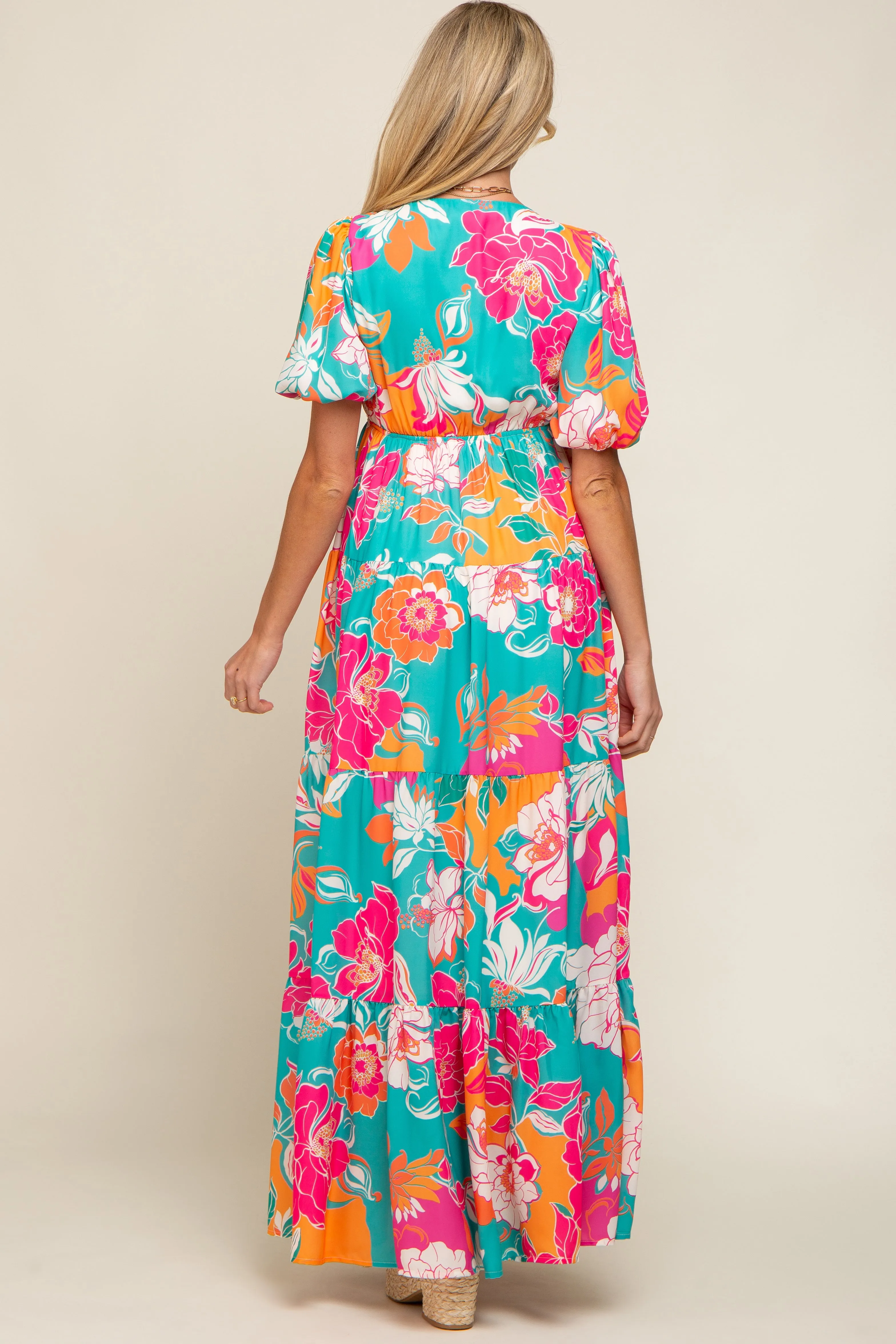 Teal Floral Puff Sleeve Tiered Maternity Maxi Dress sold by Pinkblush product image thumbnail 3