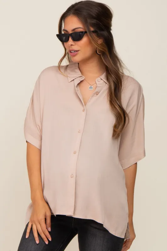 Taupe Button Up Dolman Short Sleeve Maternity Top sold by Pinkblush