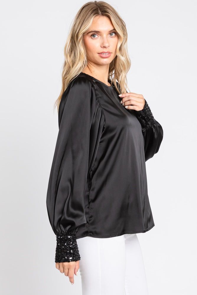 Black Satin Sequin Cuff Blouse sold by Pinkblush product image thumbnail 2