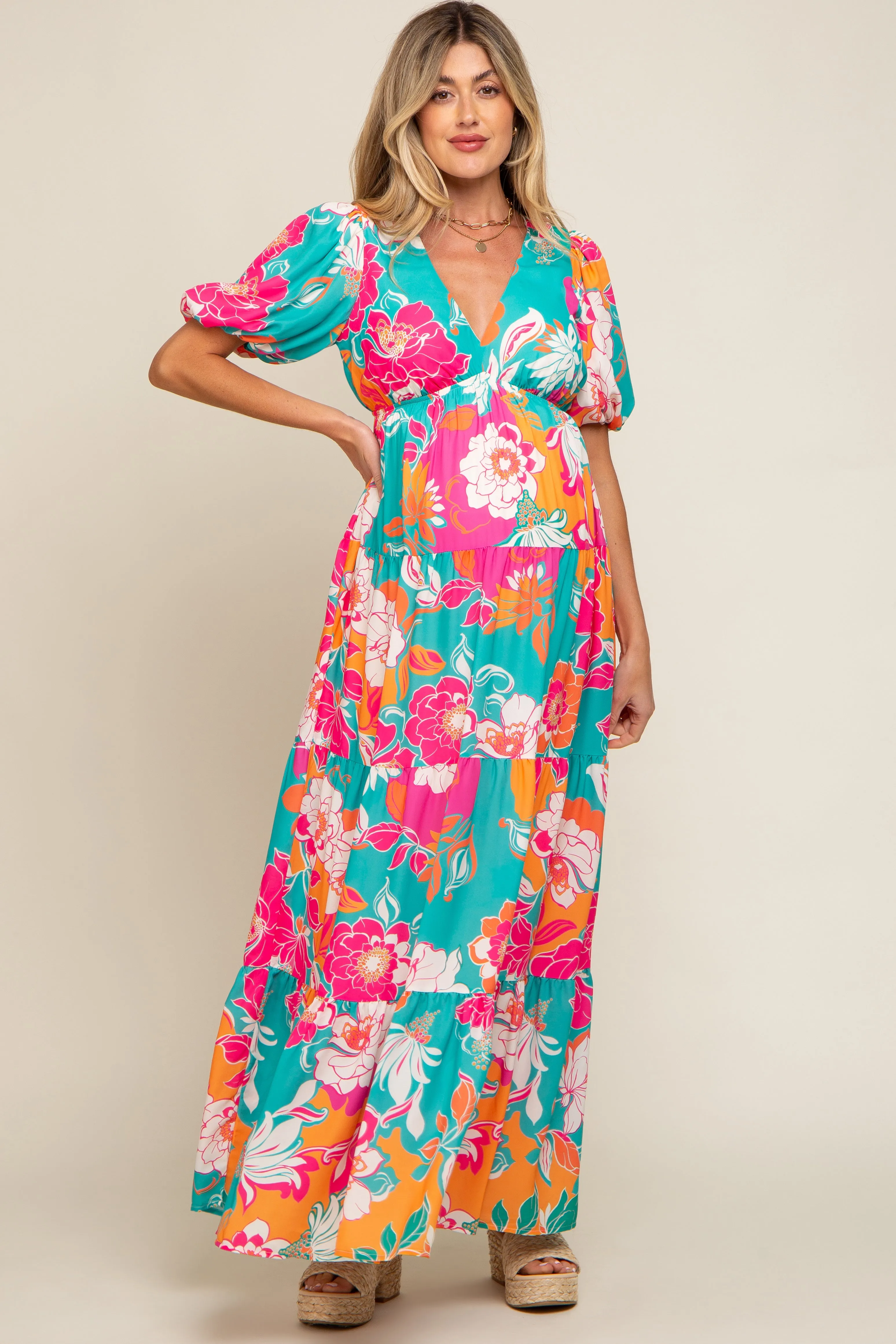 Teal Floral Puff Sleeve Tiered Maternity Maxi Dress sold by Pinkblush product image thumbnail 4