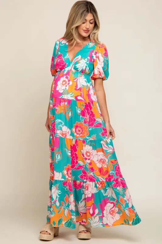 Teal Floral Puff Sleeve Tiered Maternity Maxi Dress sold by Pinkblush
