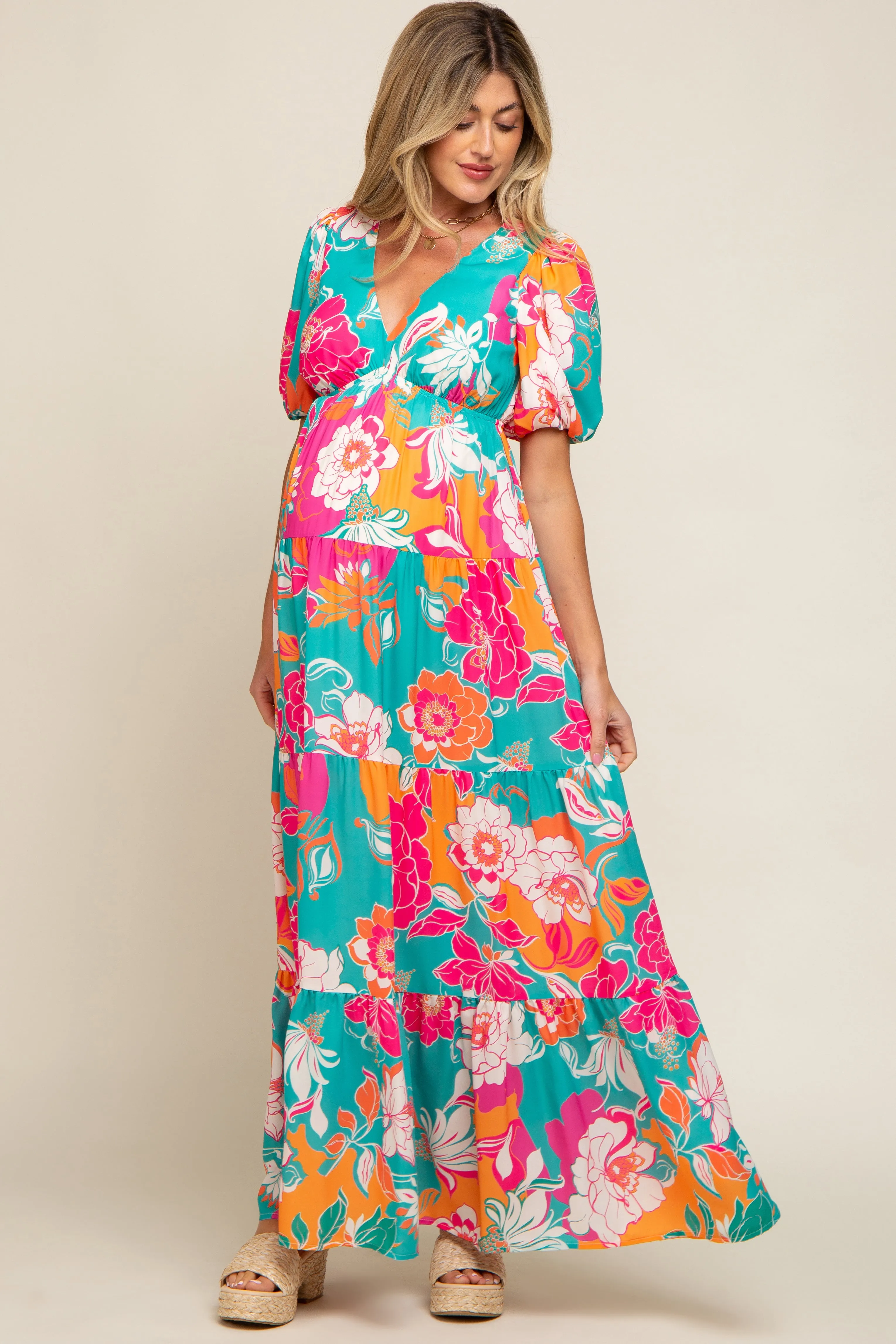Teal Floral Puff Sleeve Tiered Maternity Maxi Dress sold by Pinkblush