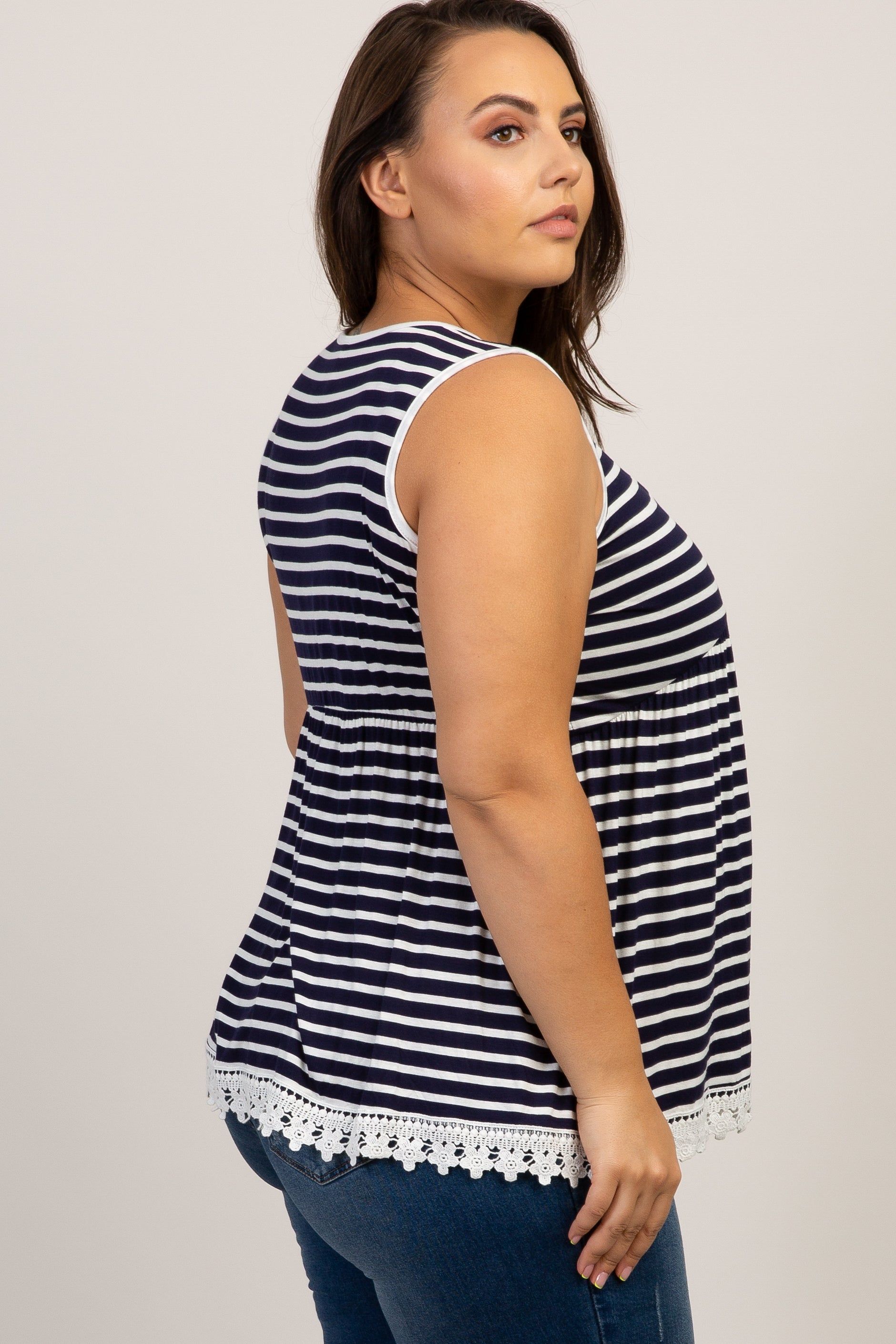 Navy Blue Striped Crochet Trim Plus Tank Top sold by Pinkblush product image thumbnail 2