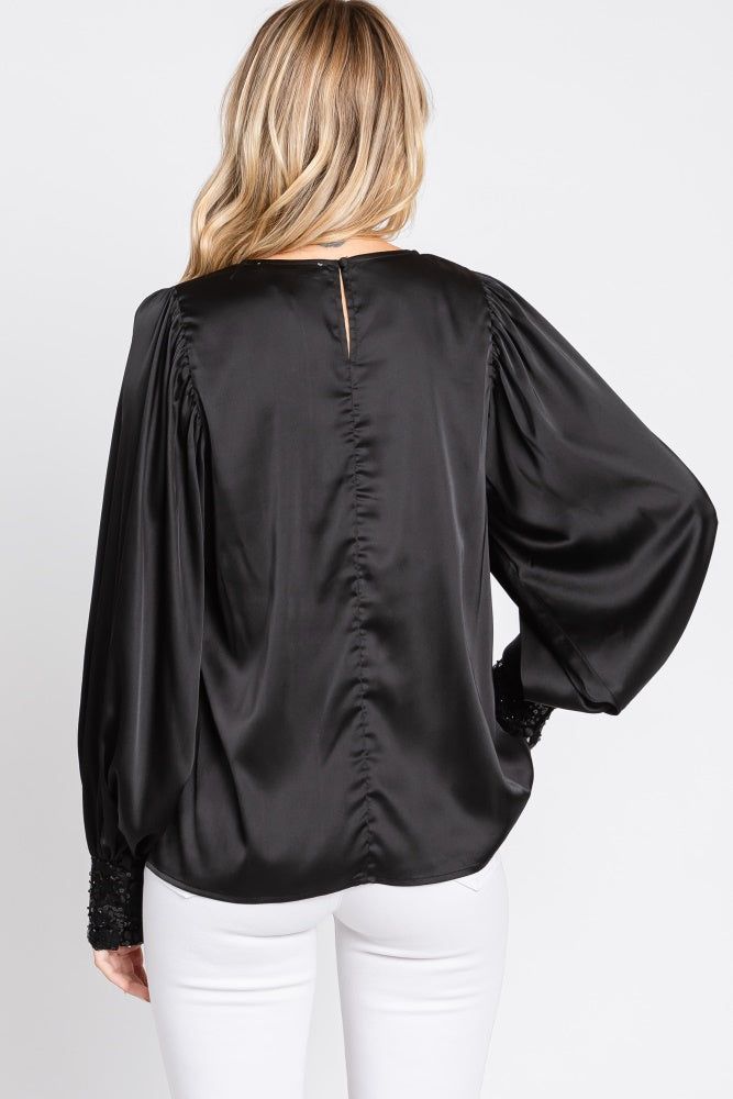 Black Satin Sequin Cuff Blouse sold by Pinkblush product image thumbnail 3