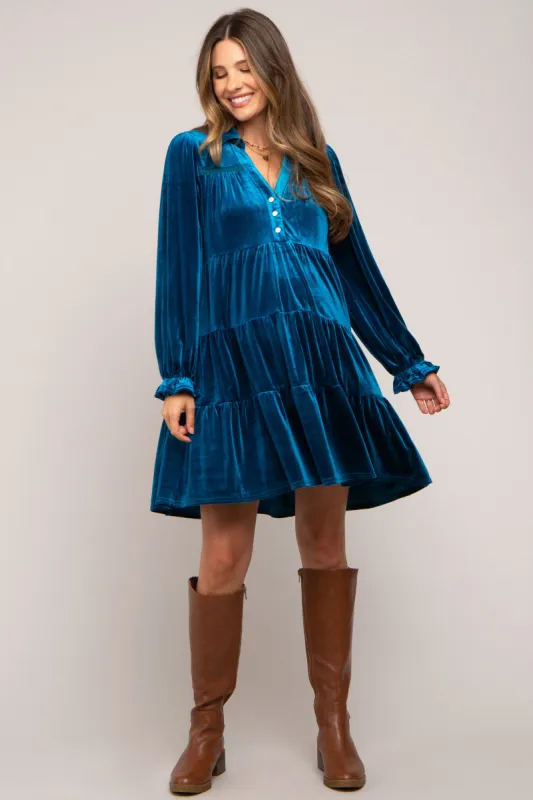 Teal Velvet Long Sleeve Tiered Collared Maternity Dress sold by Pinkblush
