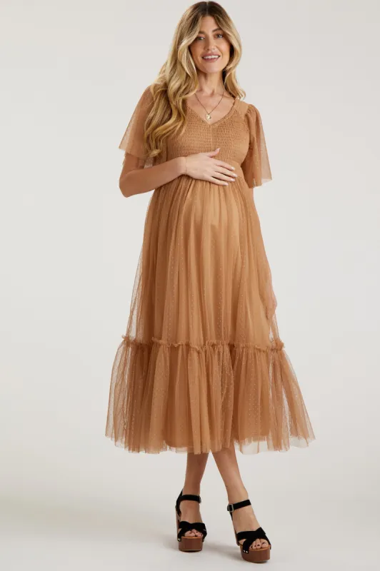 Camel Dotted Tulle Smocked Maternity Midi Dress sold by Pinkblush