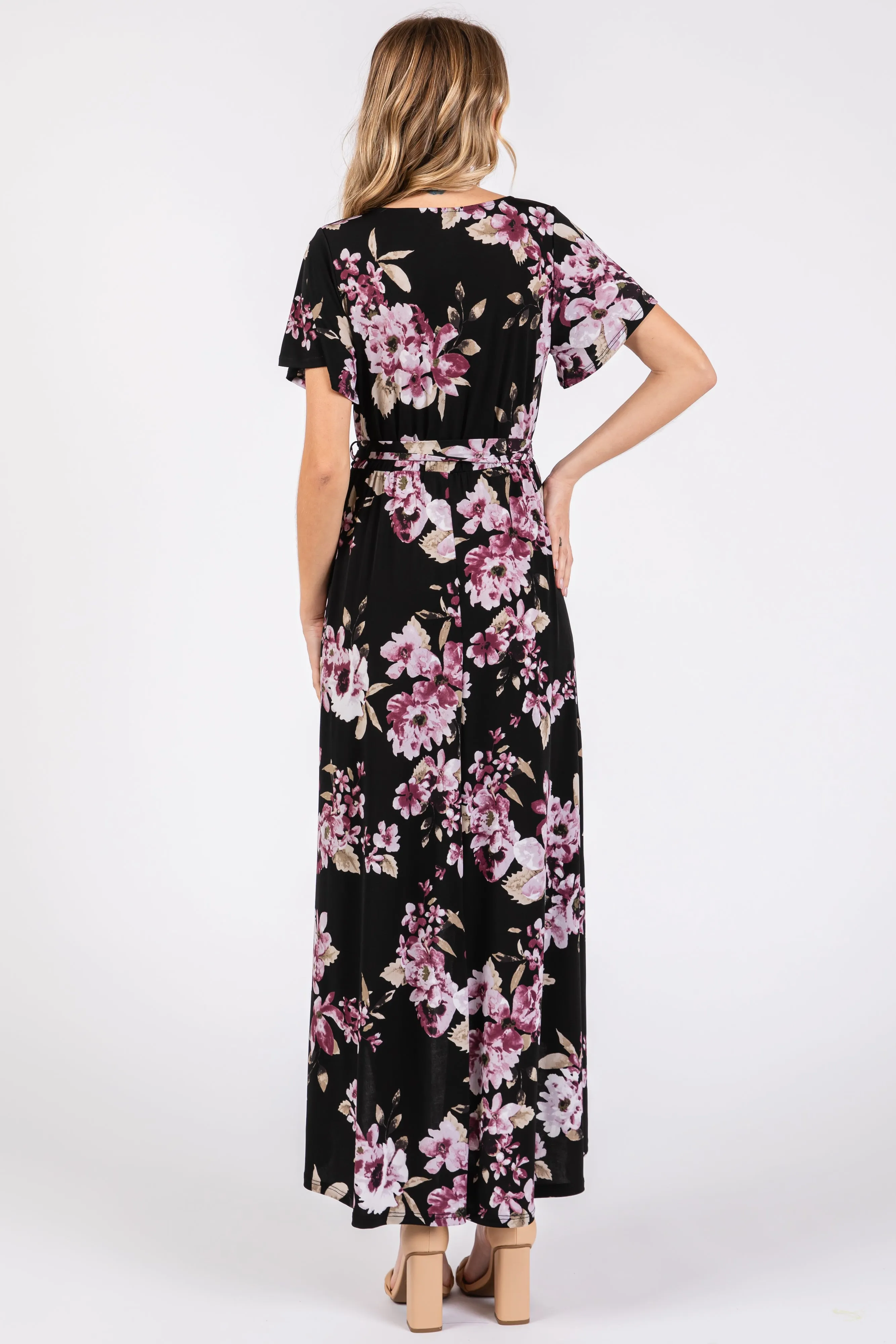 Black Floral Print Wrap Front V-Neck Hi-Low Midi Dress sold by Pinkblush product image thumbnail 3