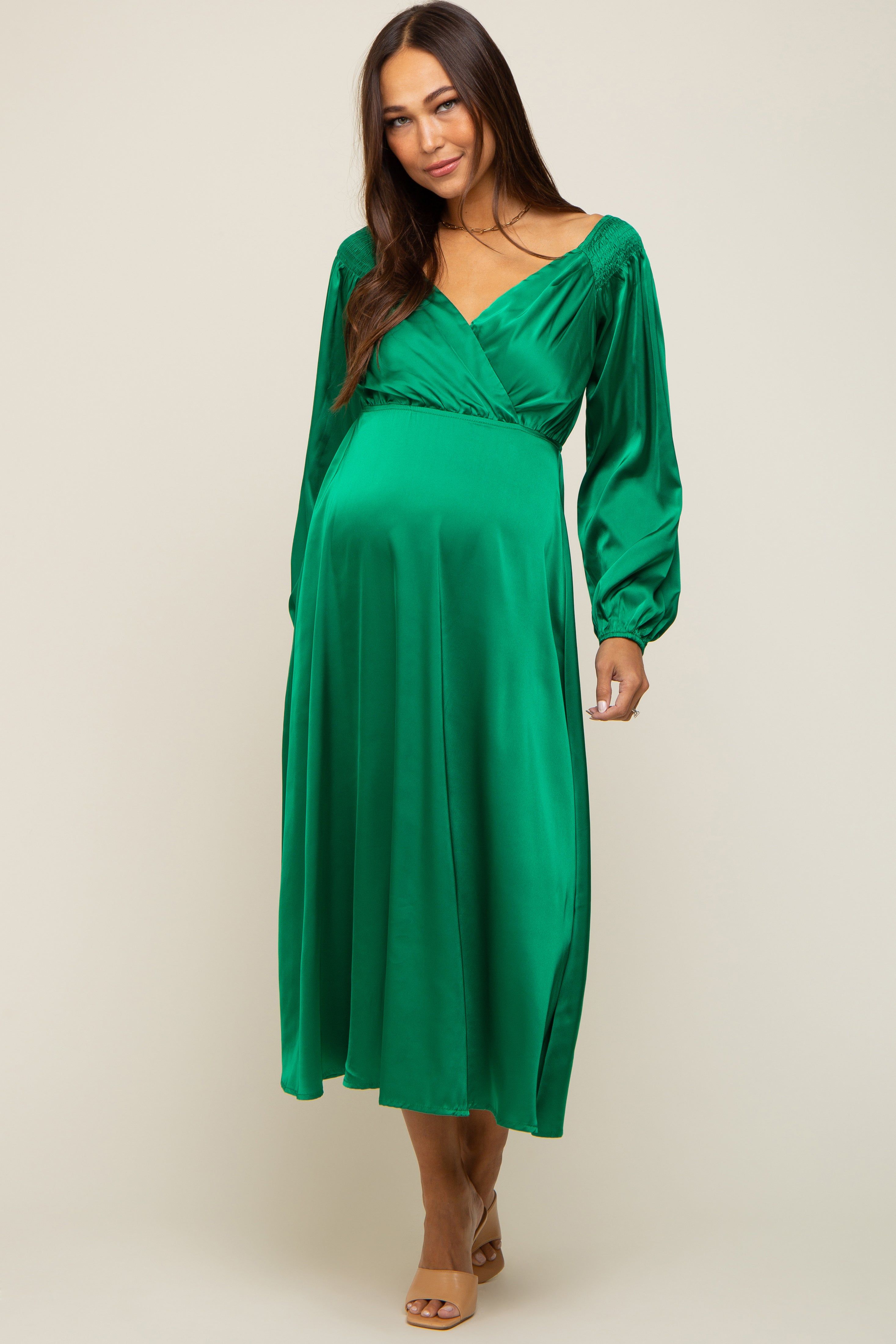 Green Satin Wrap Top Maternity Midi Dress sold by Pinkblush product image thumbnail 5