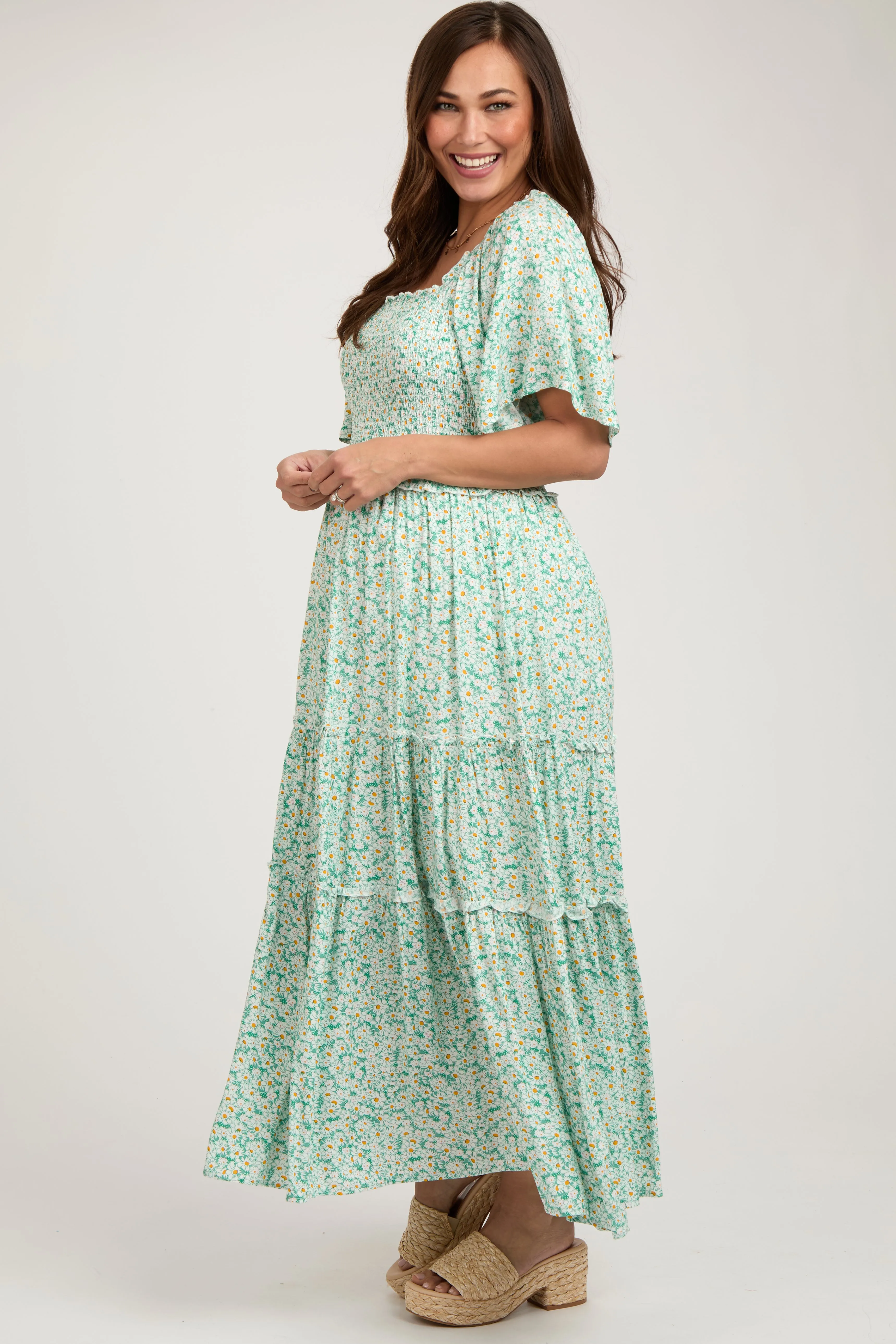 Green Floral Smocked Tiered Maternity Maxi Dress sold by Pinkblush product image thumbnail 3