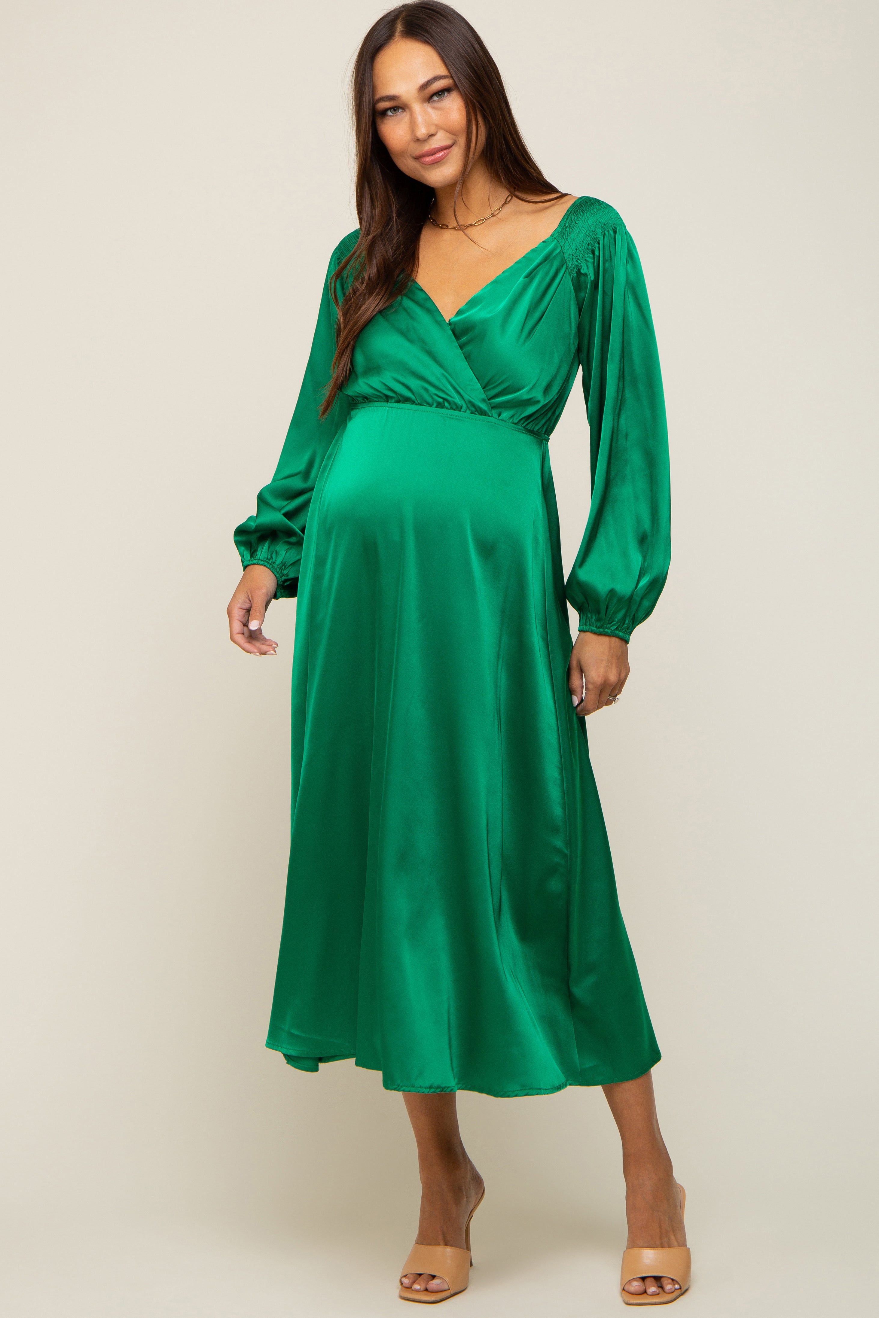 Green Satin Wrap Top Maternity Midi Dress sold by Pinkblush product image thumbnail 2