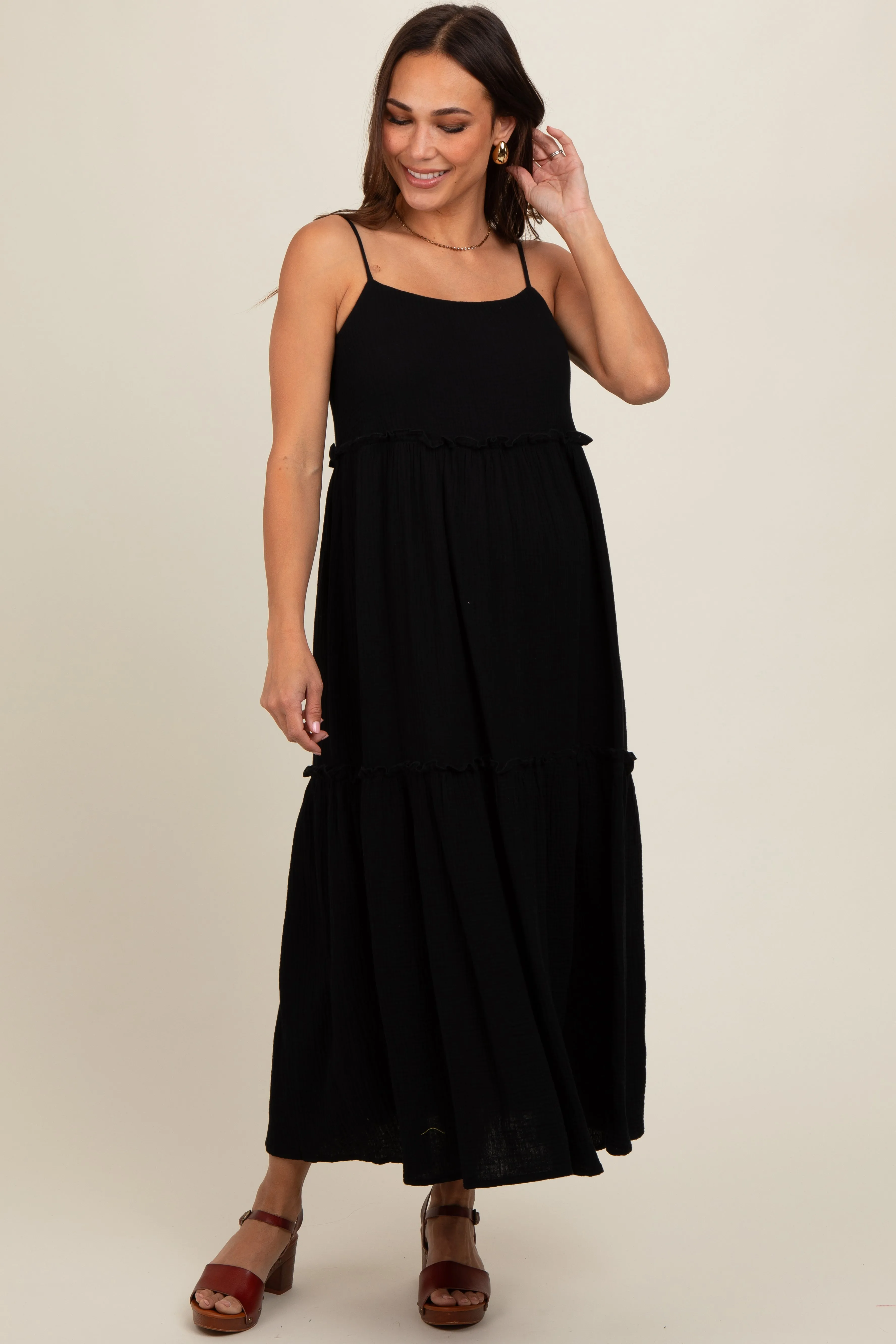 Black Soft Washed Cotton Gauze Maternity Maxi Dress sold by Pinkblush
