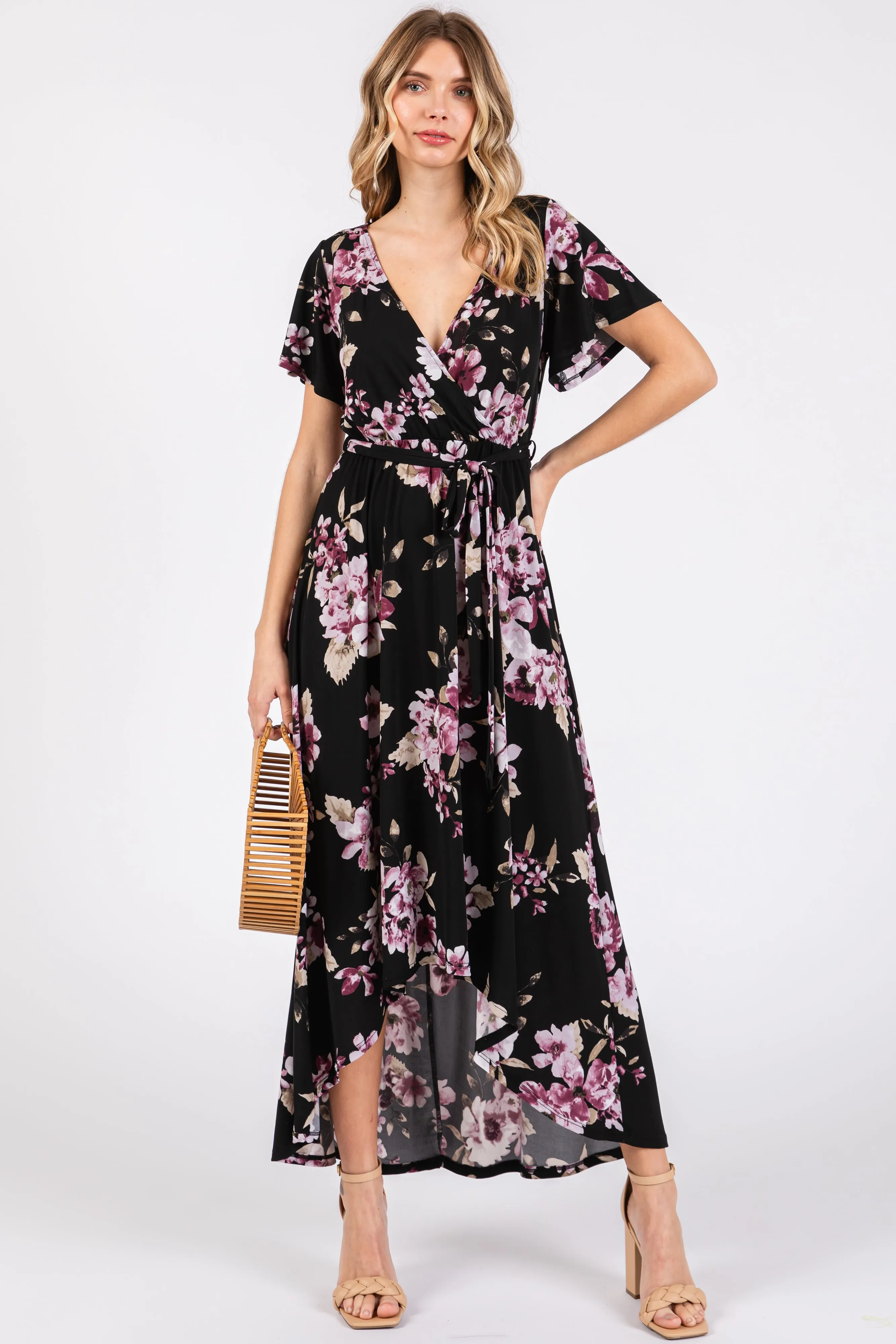 Black Floral Print Wrap Front V-Neck Hi-Low Midi Dress sold by Pinkblush product image thumbnail 4