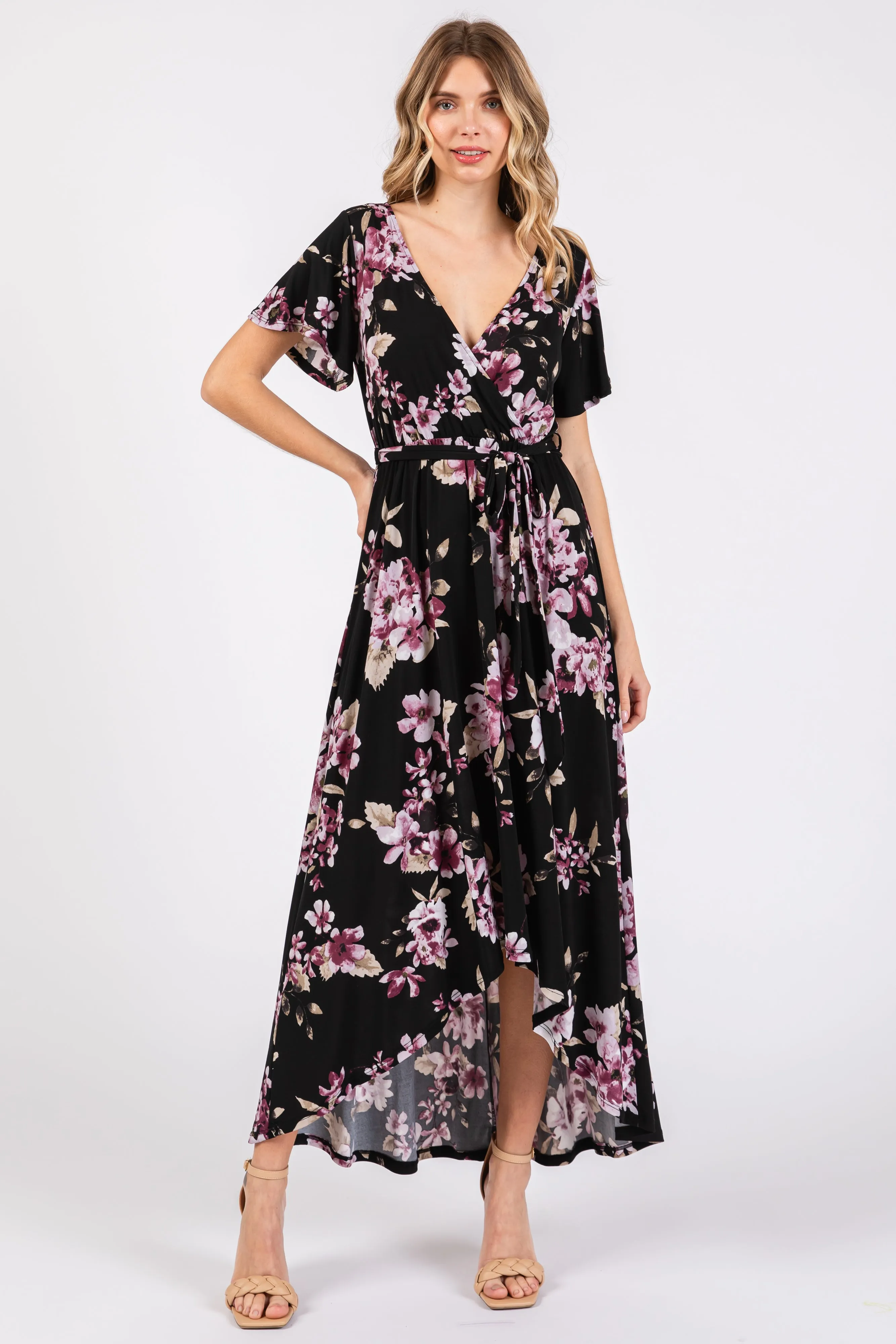 Black Floral Print Wrap Front V-Neck Hi-Low Midi Dress sold by Pinkblush