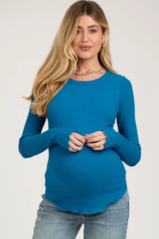 Blue Ribbed Maternity Long Sleeve Top sold by Pinkblush
