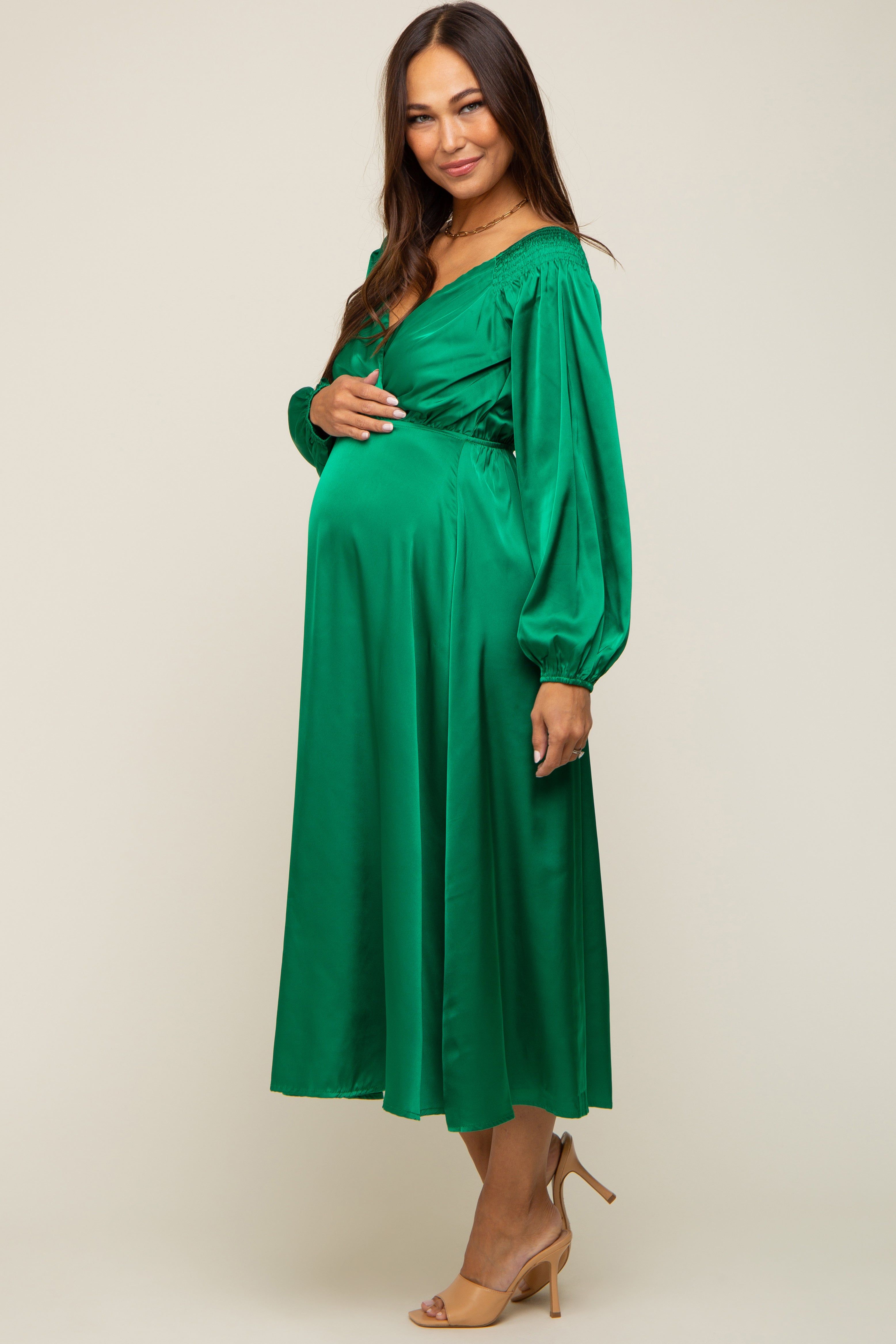 Green Satin Wrap Top Maternity Midi Dress sold by Pinkblush product image thumbnail 3