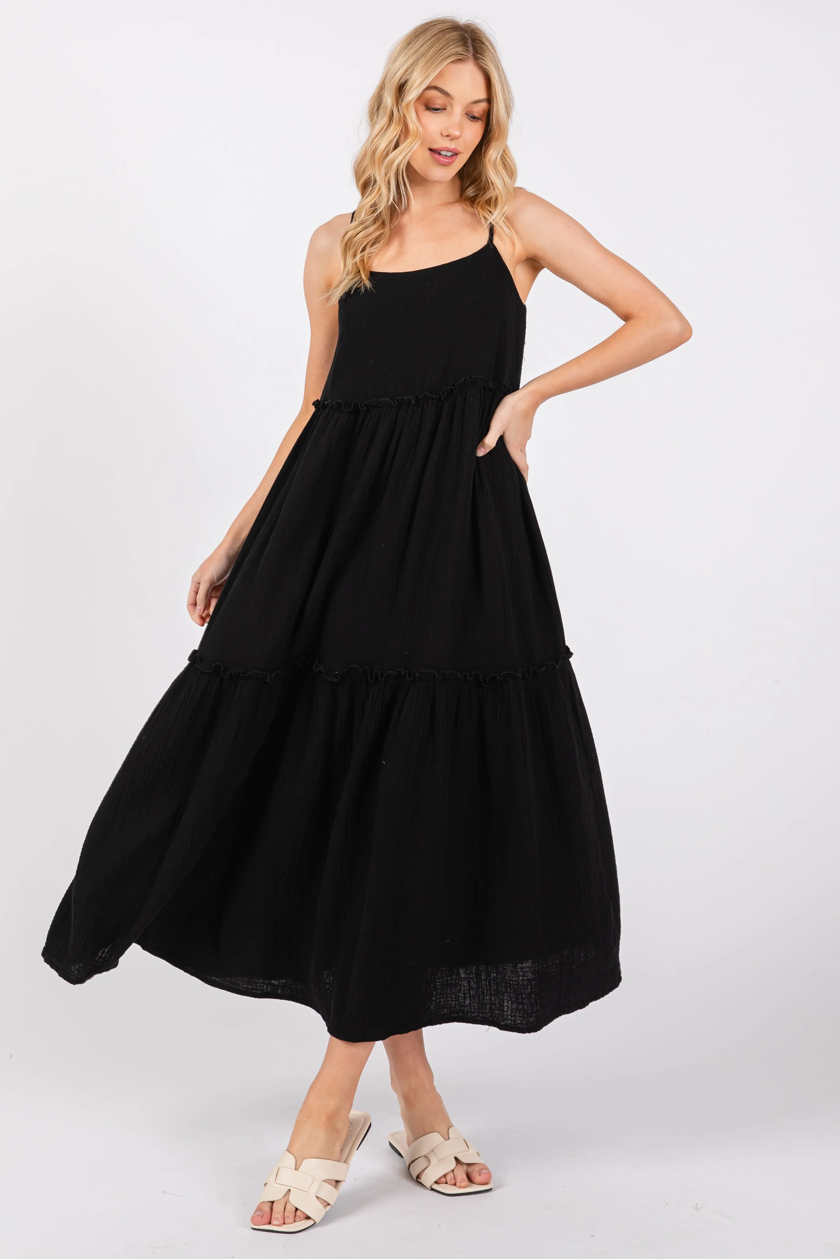 Black Soft Washed Cotton Gauze Maternity Maxi Dress sold by Pinkblush product image thumbnail 5