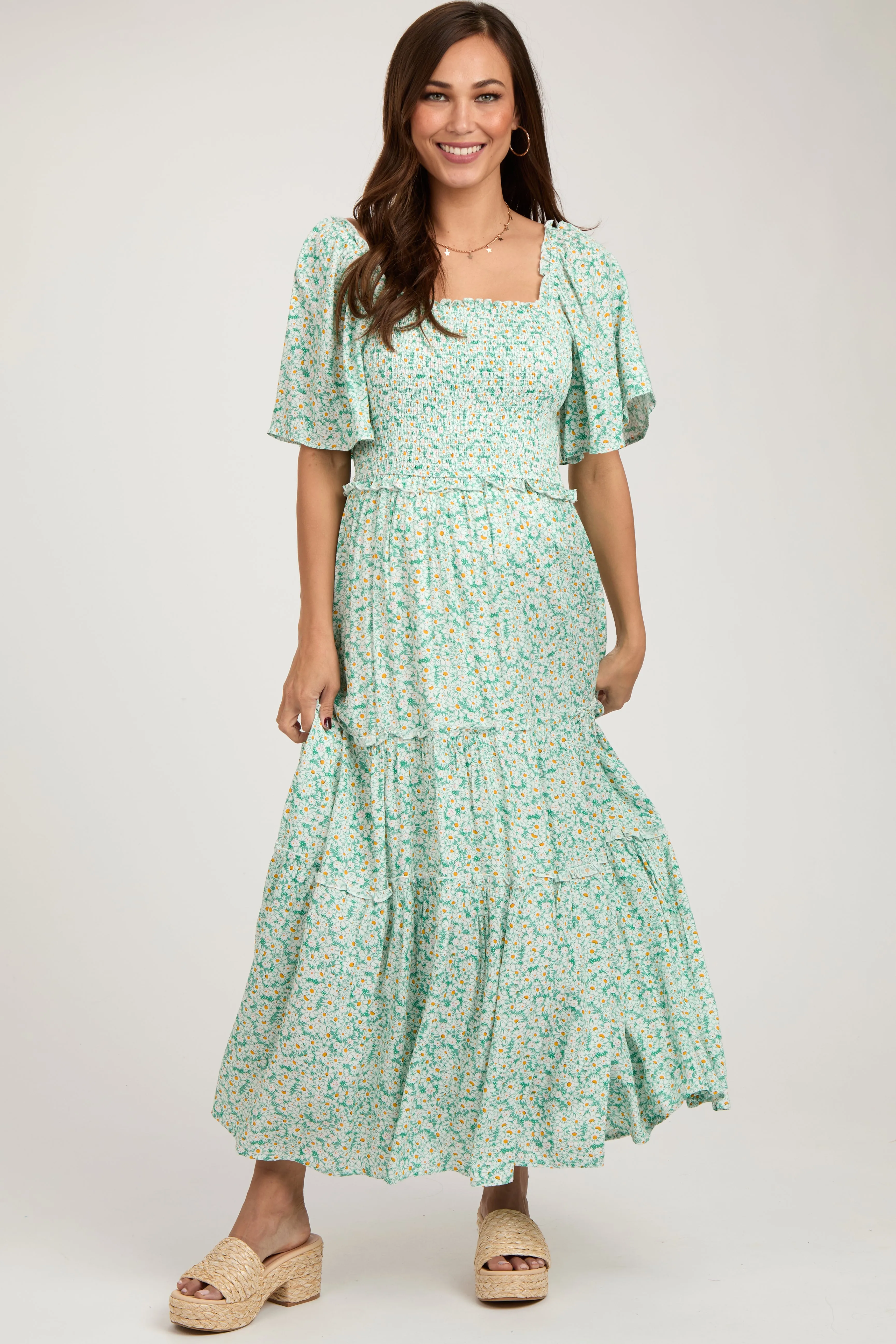 Green Floral Smocked Tiered Maternity Maxi Dress sold by Pinkblush