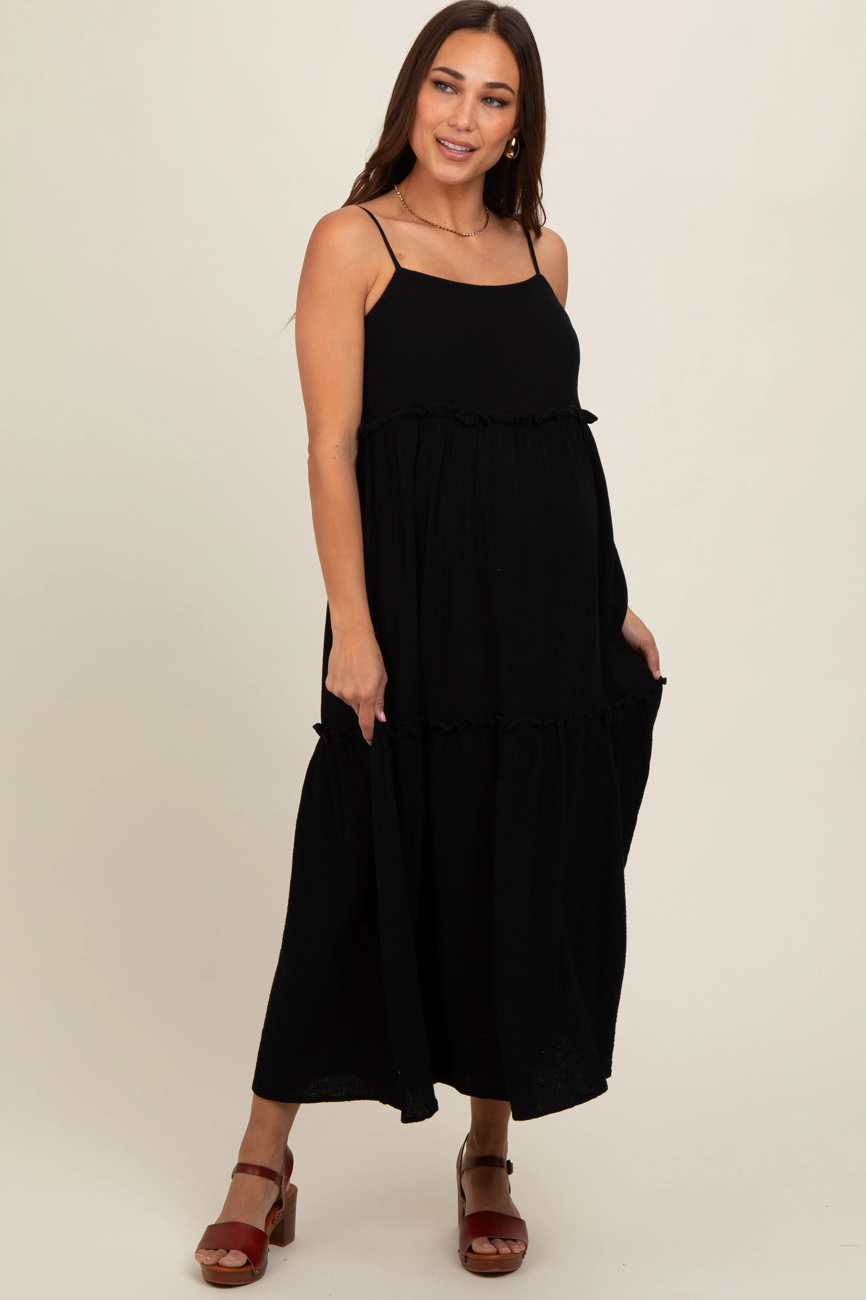 Black Soft Washed Cotton Gauze Maternity Maxi Dress sold by Pinkblush product image thumbnail 2