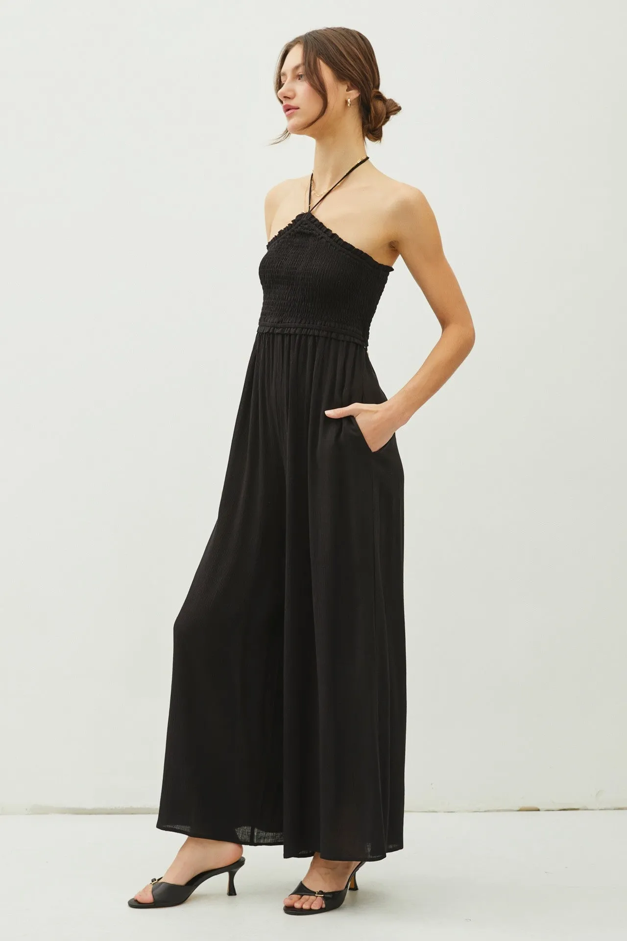 Black Back Cutout Smocked Halter Wide Leg Jumpsuit sold by Pinkblush product image thumbnail 2