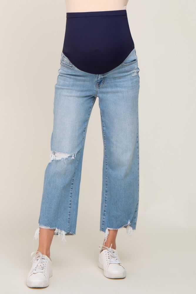 Light Blue Distressed Raw Hem Straight Maternity Jeans sold by Pinkblush product image thumbnail 2