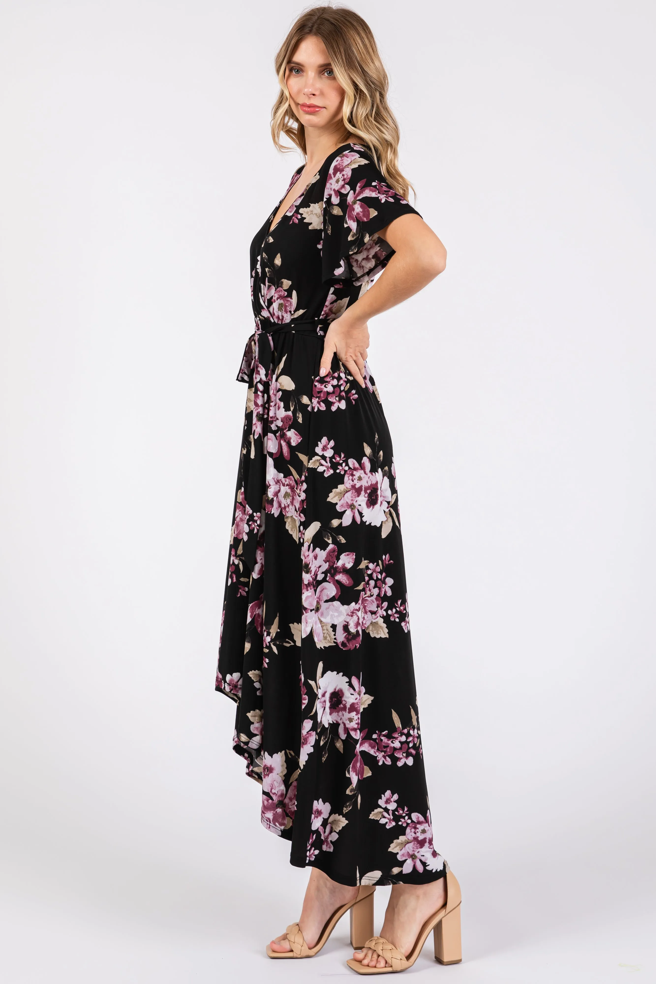 Black Floral Print Wrap Front V-Neck Hi-Low Midi Dress sold by Pinkblush product image thumbnail 2
