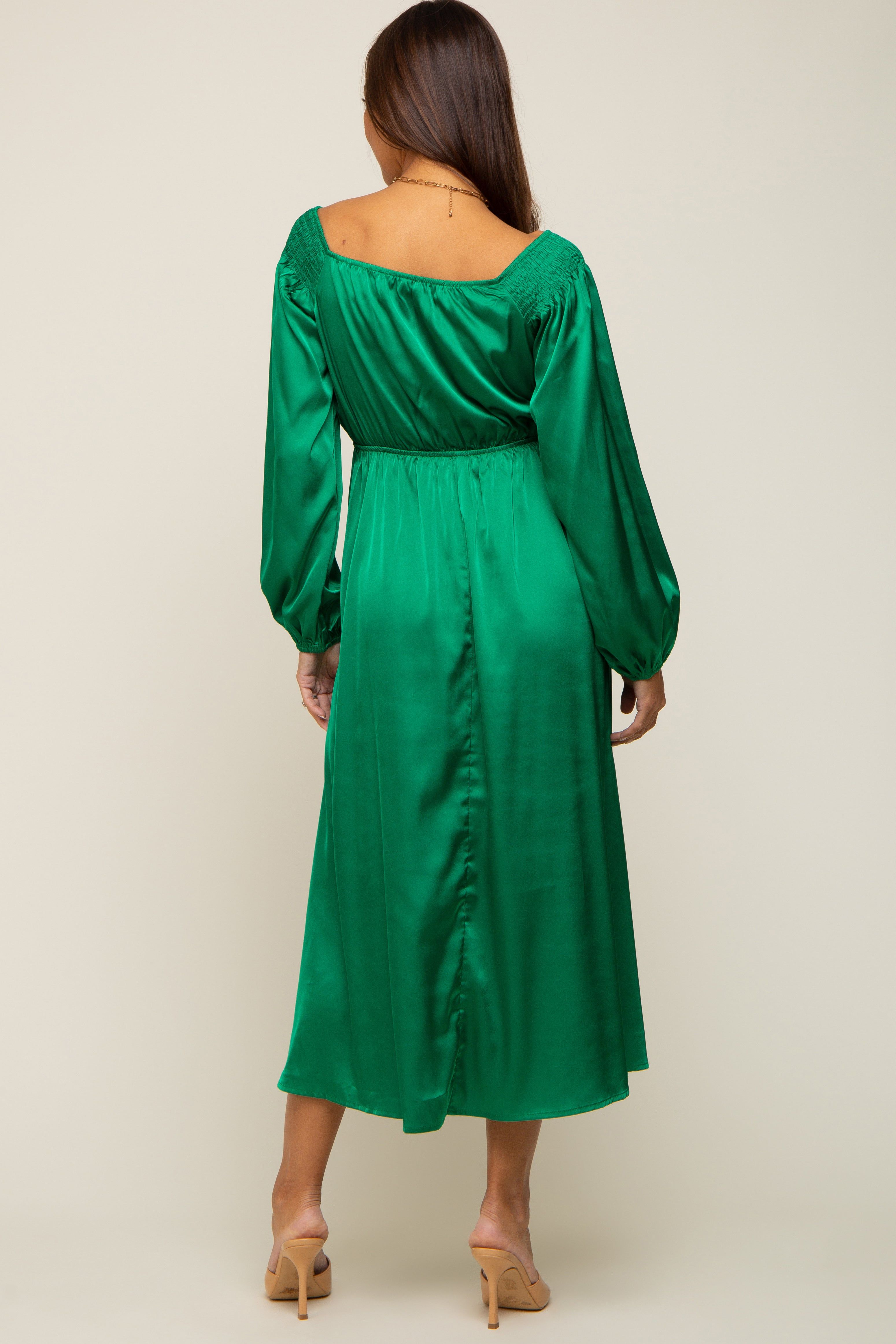 Green Satin Wrap Top Maternity Midi Dress sold by Pinkblush product image thumbnail 4