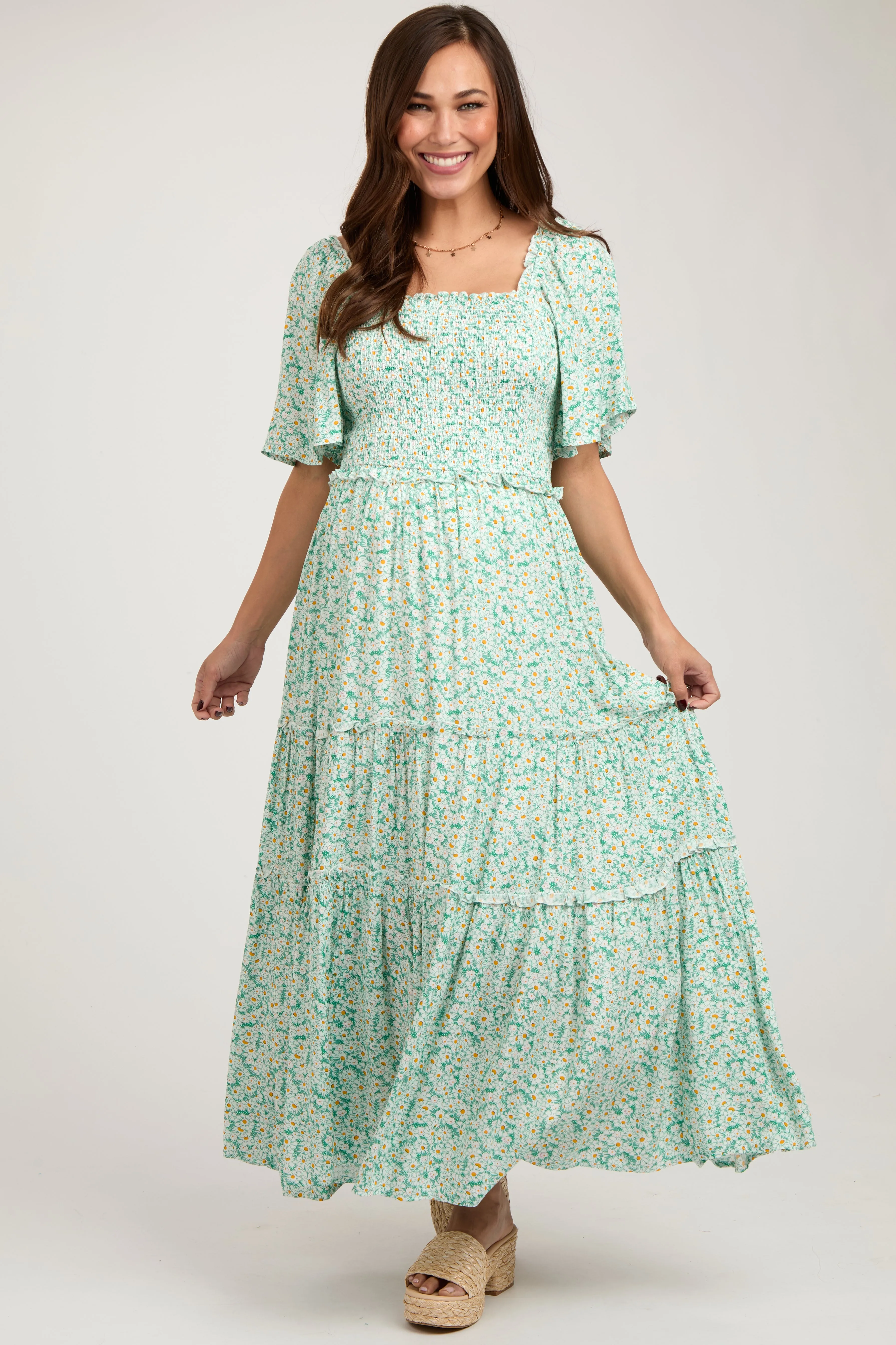 Green Floral Smocked Tiered Maternity Maxi Dress sold by Pinkblush product image thumbnail 2