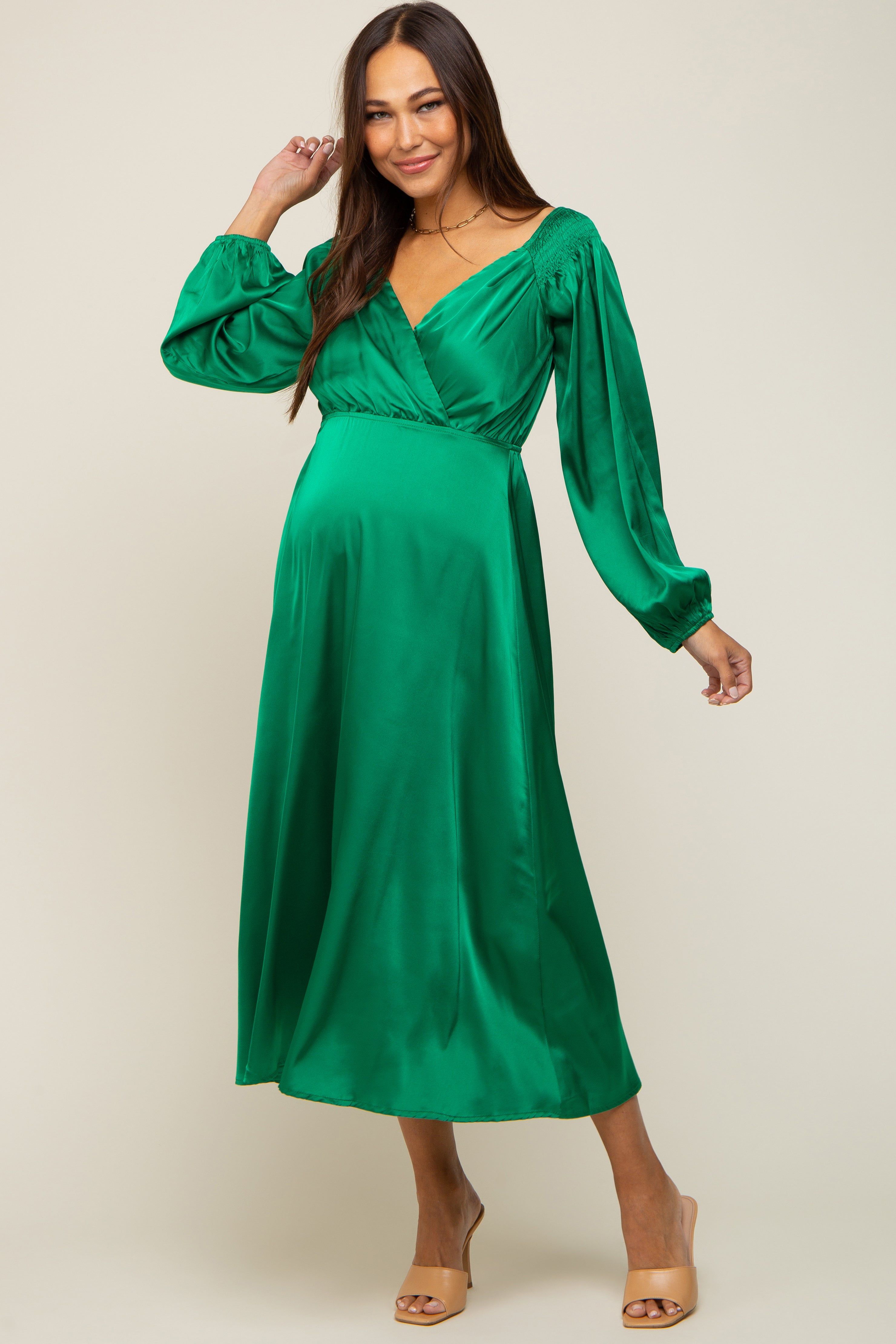 Green Satin Wrap Top Maternity Midi Dress sold by Pinkblush