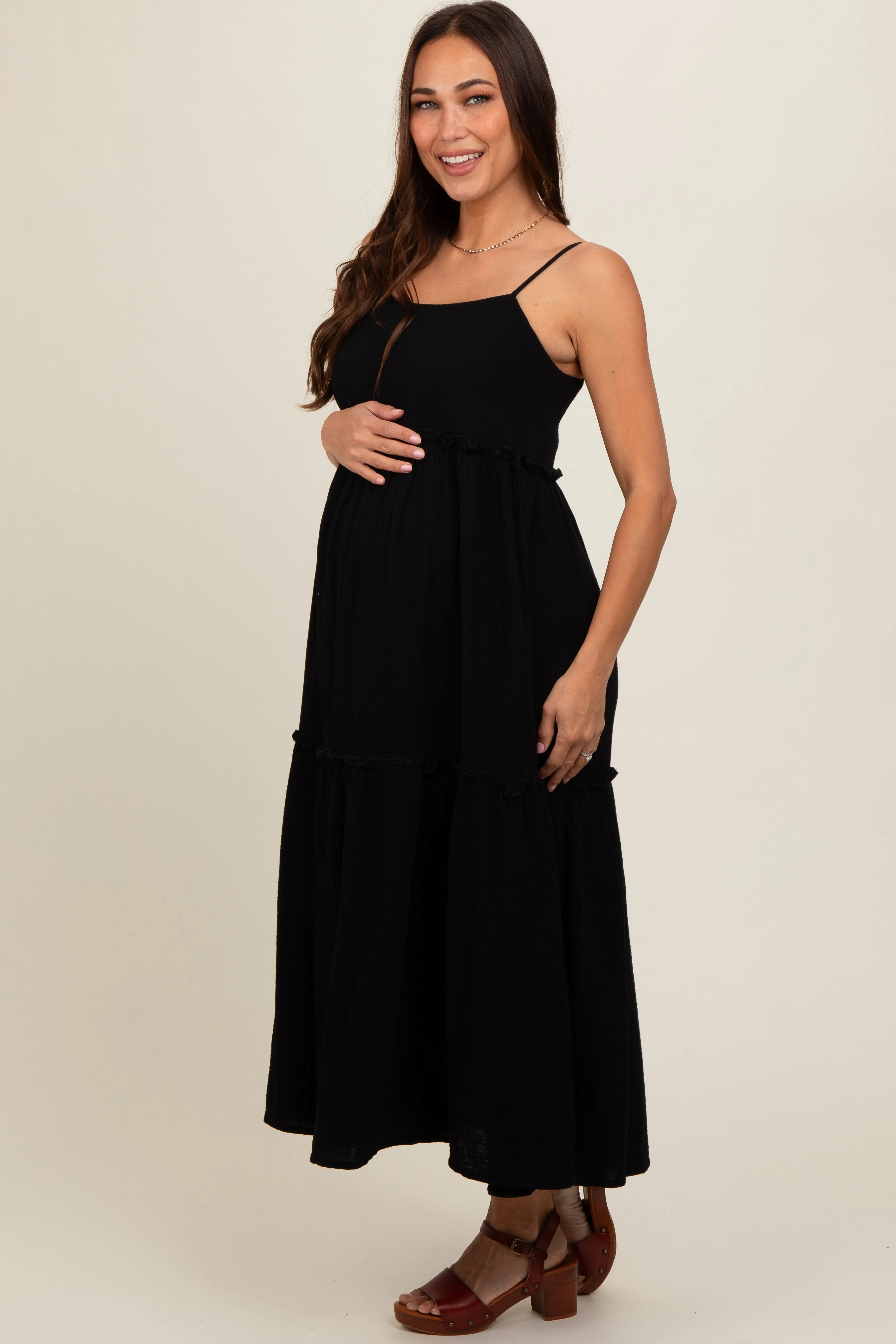 Black Soft Washed Cotton Gauze Maternity Maxi Dress sold by Pinkblush product image thumbnail 3